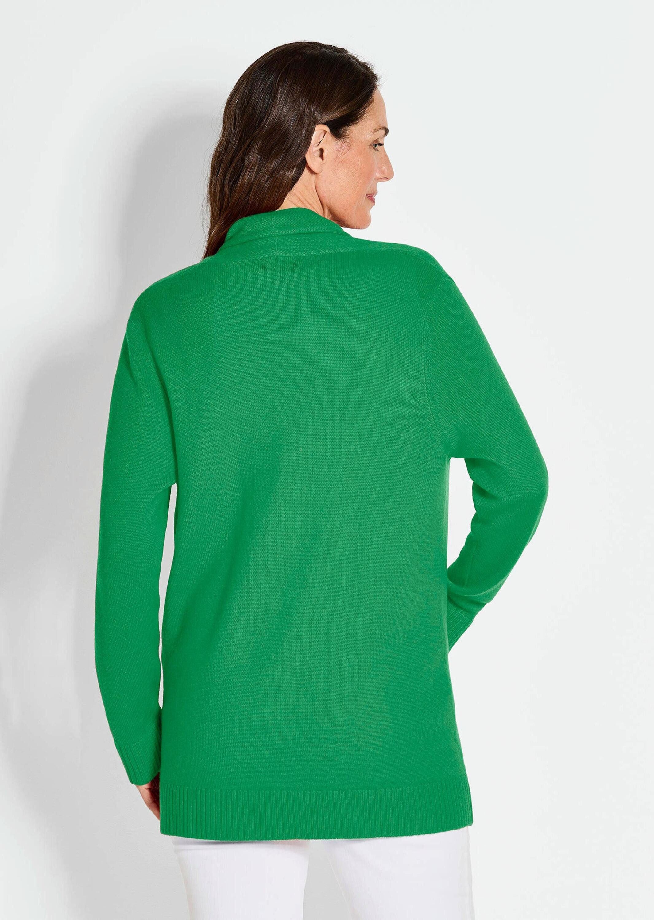 GOLDNER Strickjacke Kurzgröße: Langarm Cardigan aus Merino Damen Indoorjacke lang, offen tragbar, Langarm, weich, hüftbedeckend