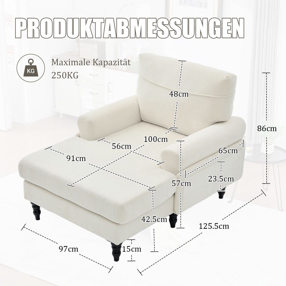 Odikalo Chaiselongue Loungesessel Relaxsessel Chenille-Stoff-Liegestuhl mit Holzsofa-Beine, Einzelsofa mit bequemer Rückenlehne und Armlehnen Seitentaschen zur Aufbewahrung,für Wohnzimmer und Schlafzimmer