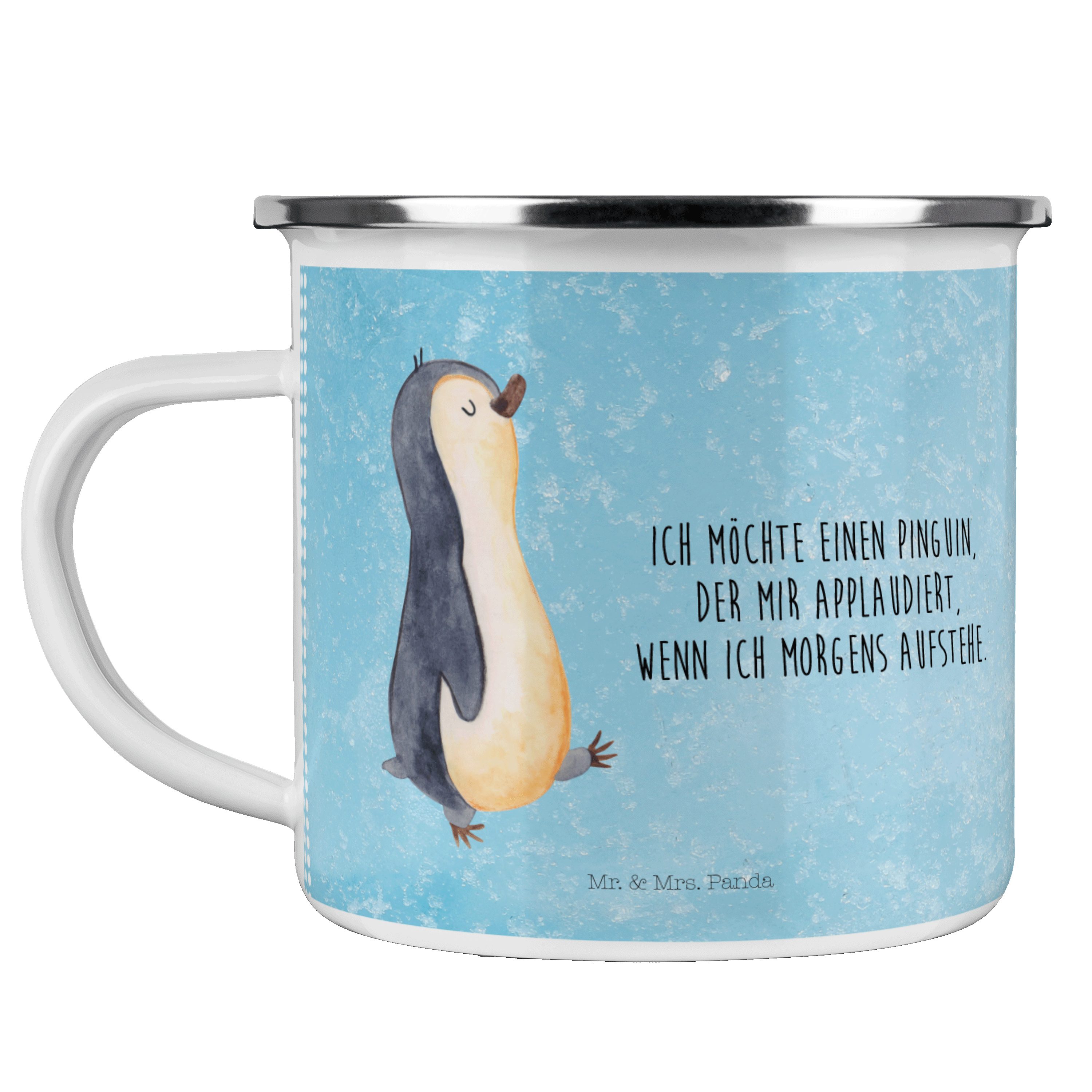 Mr. & Mrs. Panda Becher Pinguin marschierend - Eisblau - Geschenk, Metalltasse, Kaffee Blecht, Emaille