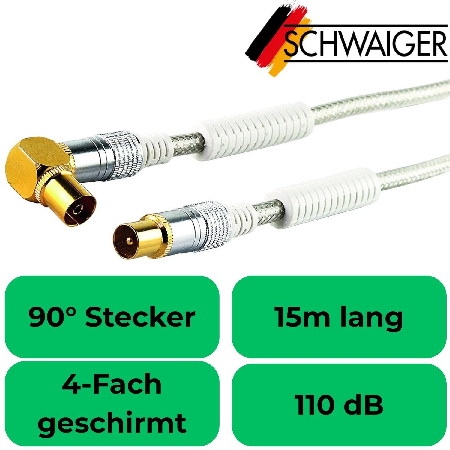 Schwaiger HQ 15m Antennen-Kabel 110db Koaxial-Kabel IEC Video-Kabel, Koaxial, Koaxial (1500 cm), Koax-Kabel Full HD TV 8K 4K UHD HD+ HDR 110 db Ferrit-Filter
