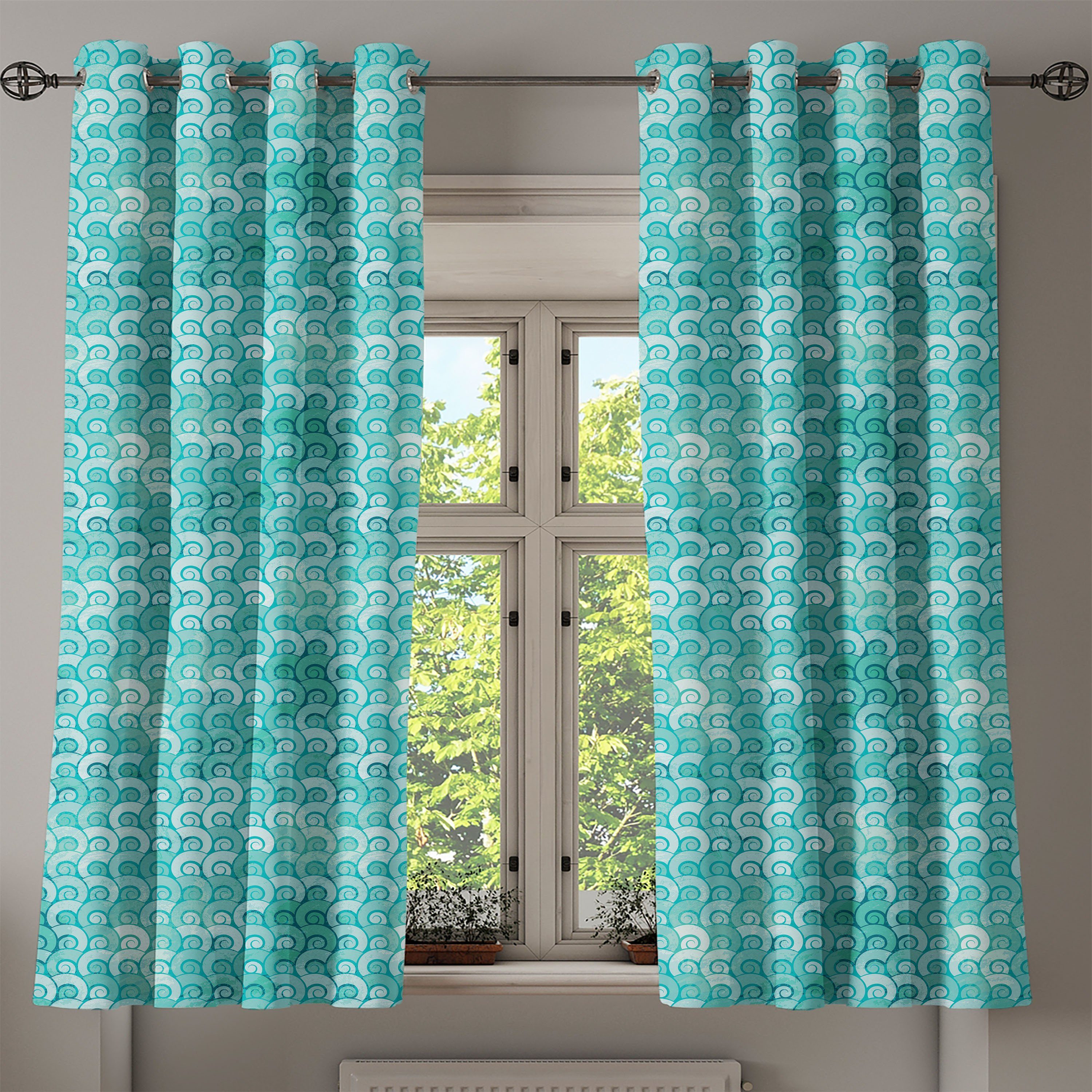 Gewirbelte Dekorative Gardine Waves Spiral Abakuhaus, Schlafzimmer Ozean für Sea 2-Panel-Fenstervorhänge Wohnzimmer,