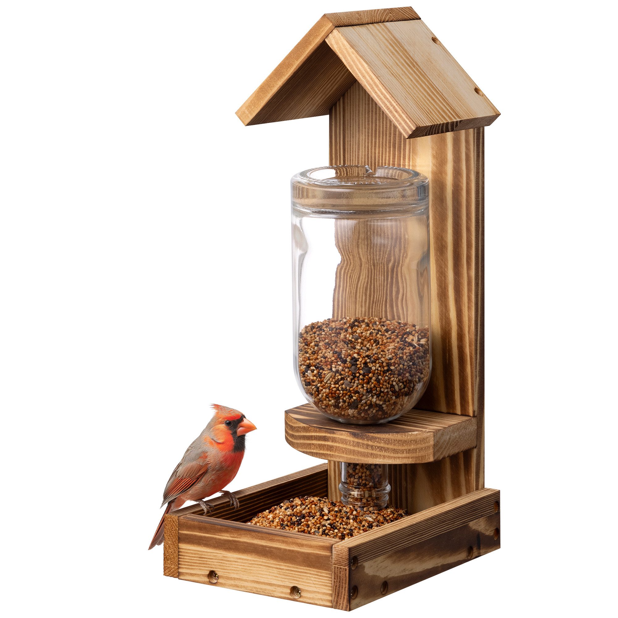 Futterautomat Vogelhaus - Futterspender mit Glasflasche - Durchsichtiges Vogelhaus
