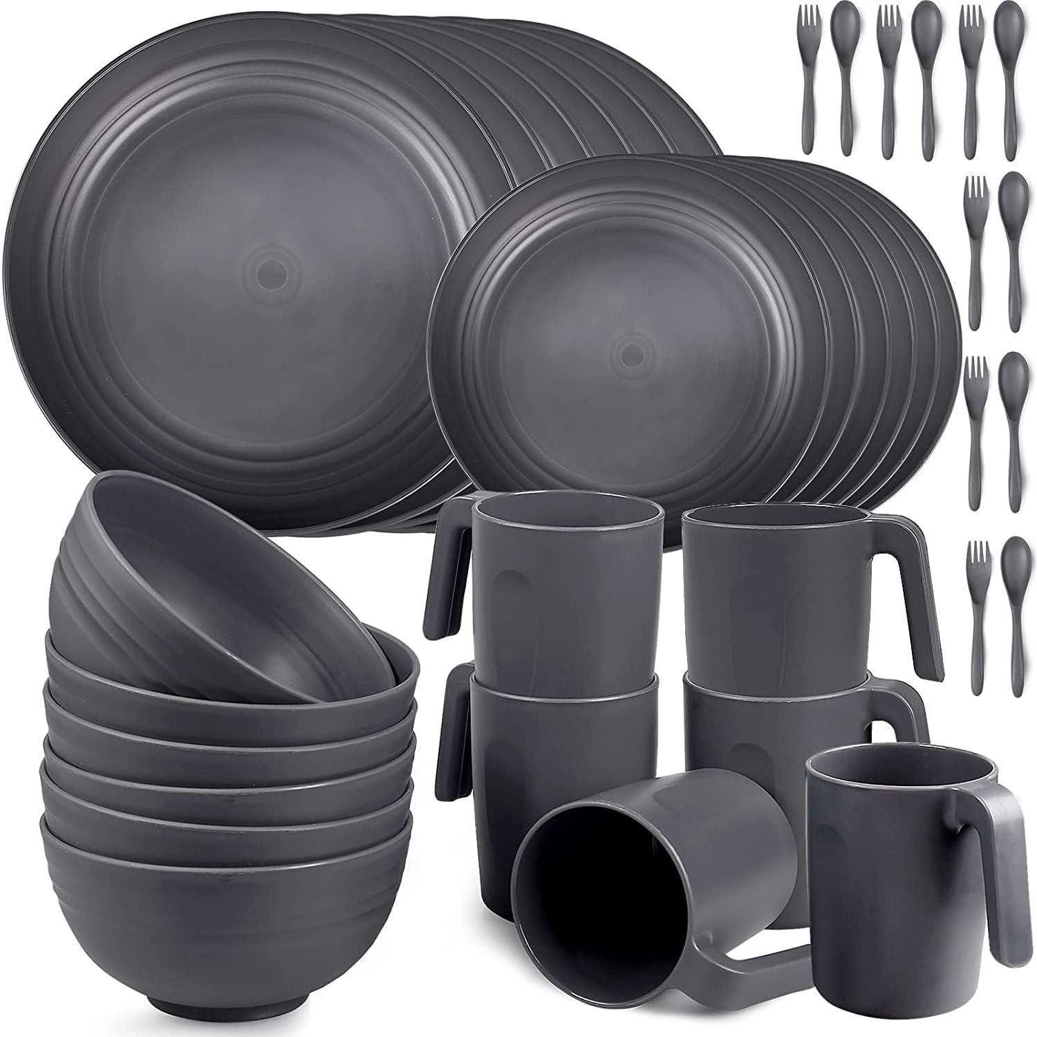 LuxusKollektion Tafelservice Geschirrset Kunststoff 36pcs Camping unzerbrechlich Besteck Grau