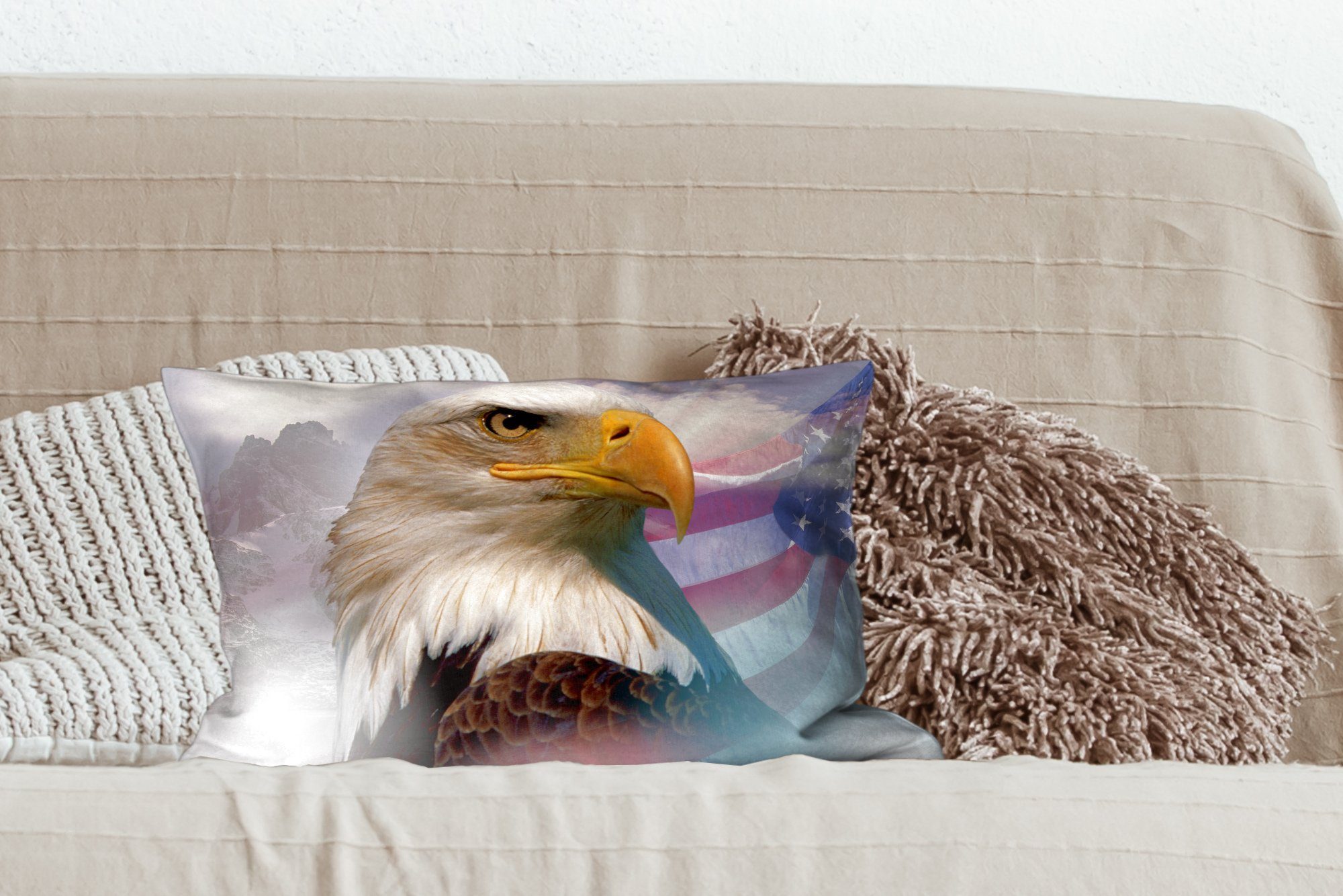 Wohzimmer Ein Dekokissen mit Füllung, Flagge, Zierkissen, Weißkopfseeadler MuchoWow amerikanischer einer mit amerikanischen Schlafzimmer Dekokissen Dekoration,