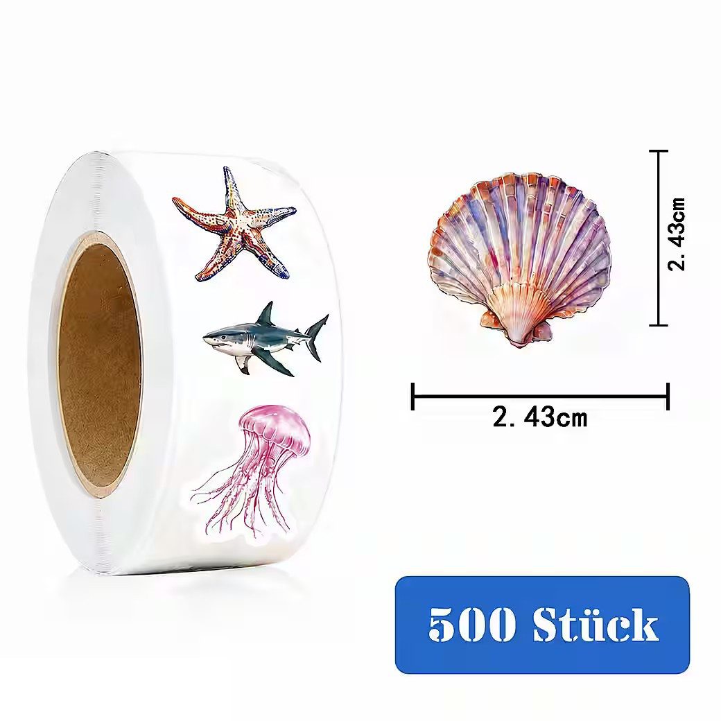 Ware aus aller Welt Sticker 500 Meerestiere Sticker Rolle Fische Seesterne Muscheln Krake ..., (500-tlg)