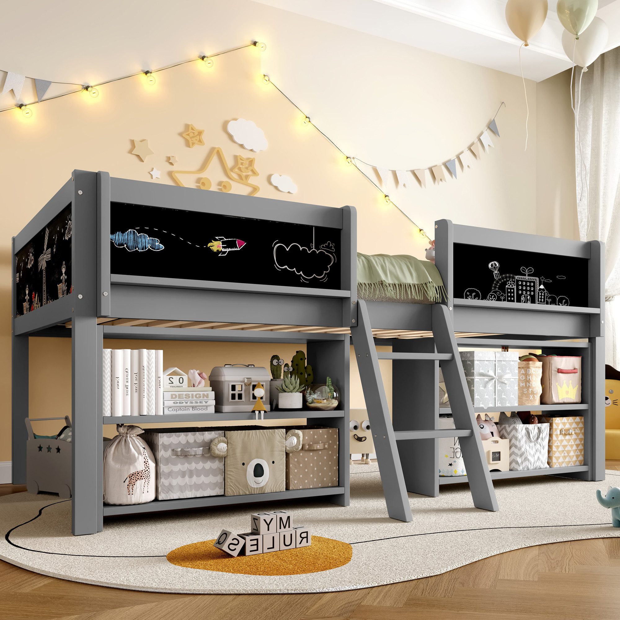 STILVORA Kinderbett 90×200 mit Tafel,Kinderbett Holzbett mit Stauraum und Geländer (Hochwertiges halbhohes Bett, aus Kiefernholz mit mehreren Staufächern, Sicherheitsgeländer und stabiler Leiter, 90x200 cm), ohne Matratze