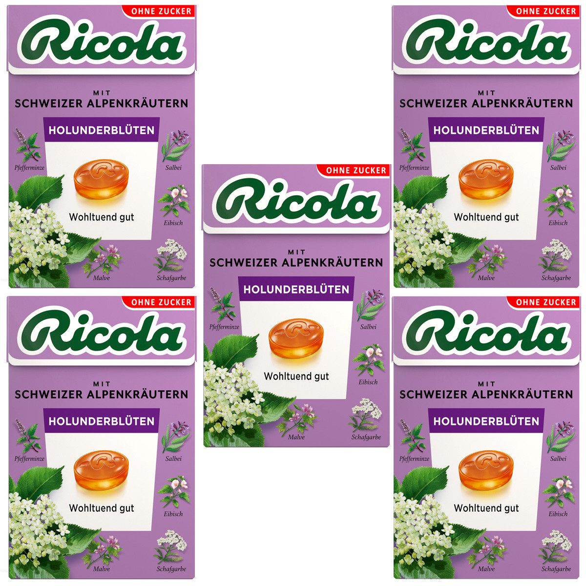 RICOLA Süßigkeit, Ricola Holunderblüten ohne Zucker im Böxli erfrischend 50g 5er Pack