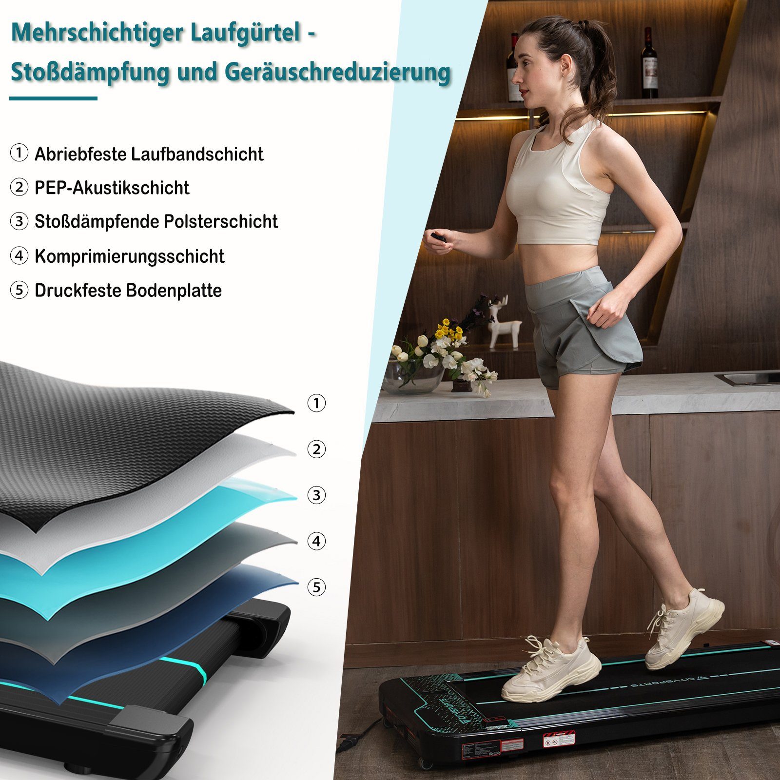 CITYSPORTS Laufband, Laufband Underdesk Treadmill WP2S Jogging Schwarz-grün Pad Walking