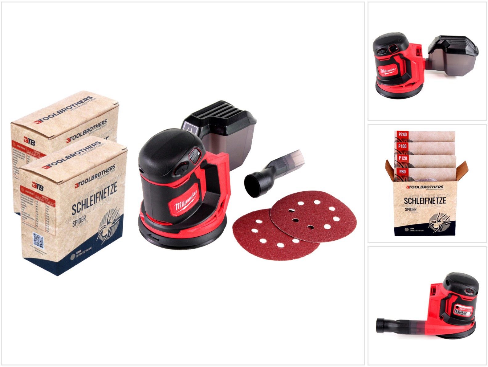 Milwaukee Akku-Exzenterschleifer Toolbrothers SPIDER Schleifnetz-Set 125mm + Milwaukee M18 BOS125-0 Ak