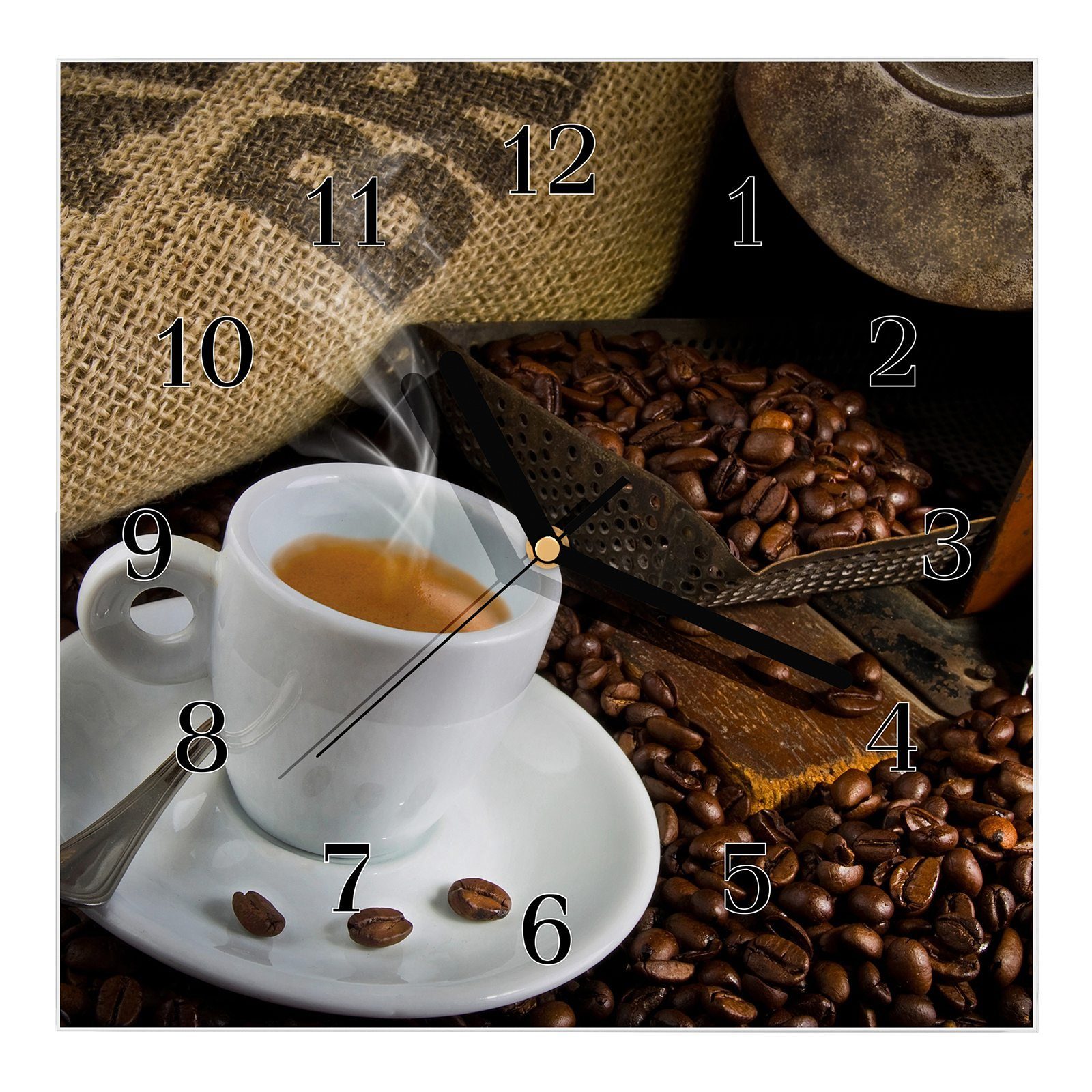 Primedeco Kaffeebohnen Kaffeetasse Größe und Wanduhr Wanduhr Motiv cm 30 mit 30 Wandkunst Glasuhr x