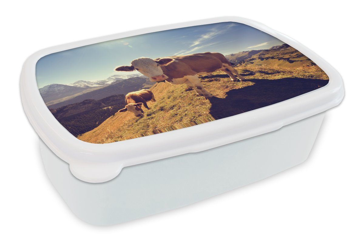 MuchoWow Lunchbox Kühe - Licht - Alpen, Kunststoff, (2-tlg), Brotbox für Kinder und Erwachsene, Brotdose, für Jungs und Mädchen weiß
