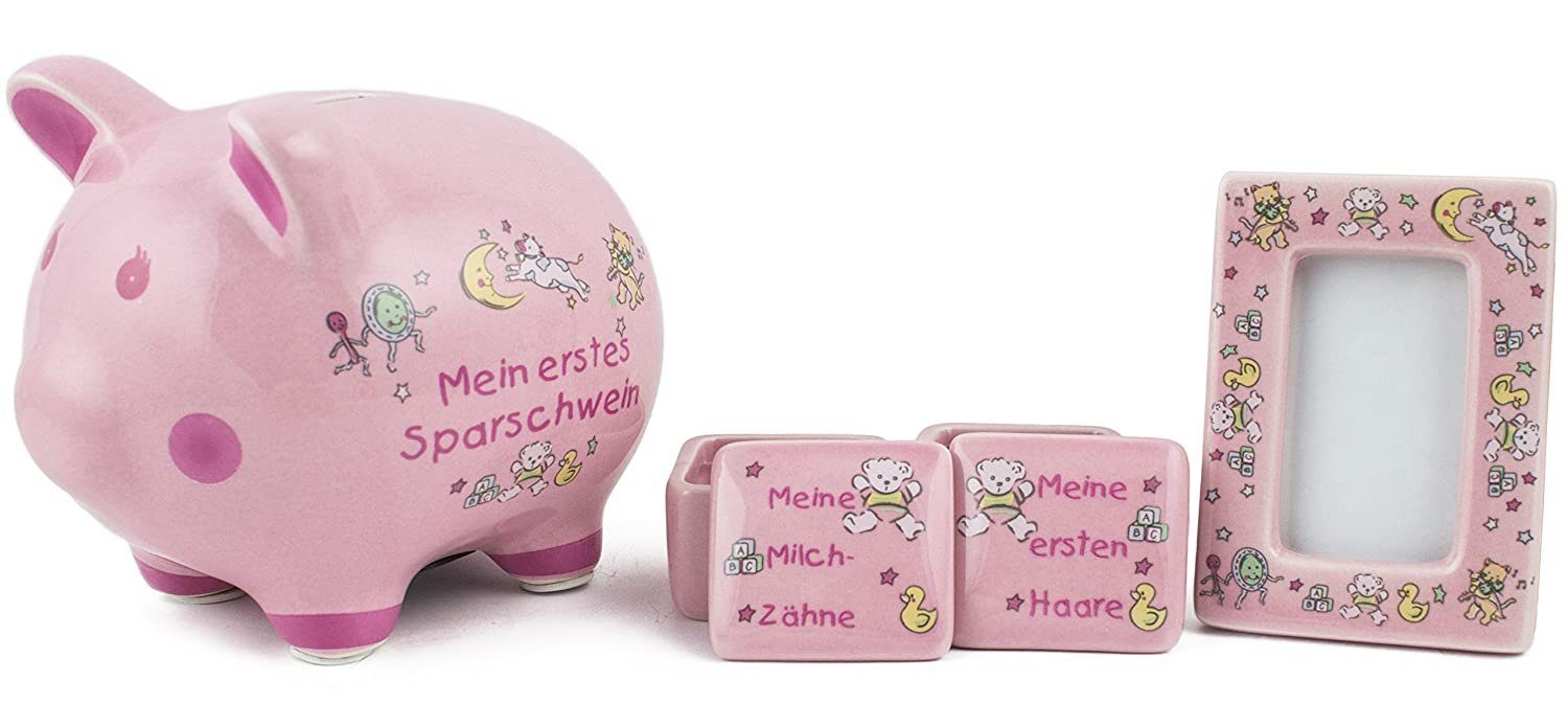 BRUBAKER Spardose Baby Geschenkset 'Mein erstes Sparschwein', Sparschwein  Set für erstes Spargeld, erste Milchzähne, Haare und mit Bilderrahmen