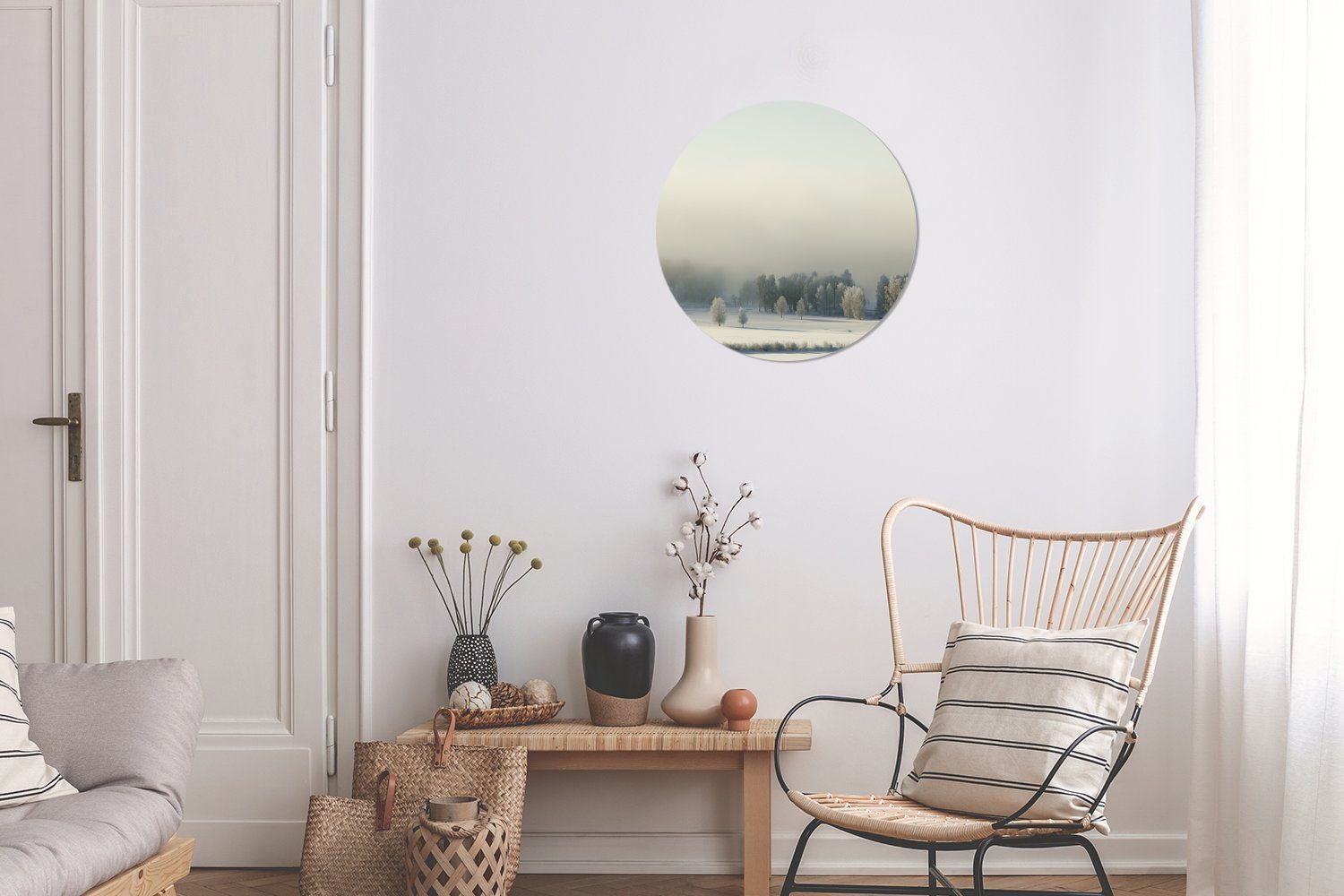 Kreis an Gemälde MuchoWow einem nebligen 30x30 Schweden, eine Blick auf Winterlandschaft Wohnzimmer, in cm Tag Forex, St), Rundes Wanddekoration (1 Wandbild,