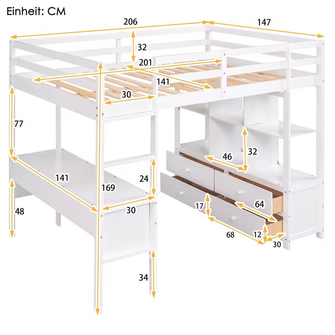 Ulife Hochbett Kinderhochbett mit | Unterbettschreibtisch Weiß 200 Stauraumschubladen cm Weiß 90 und ×