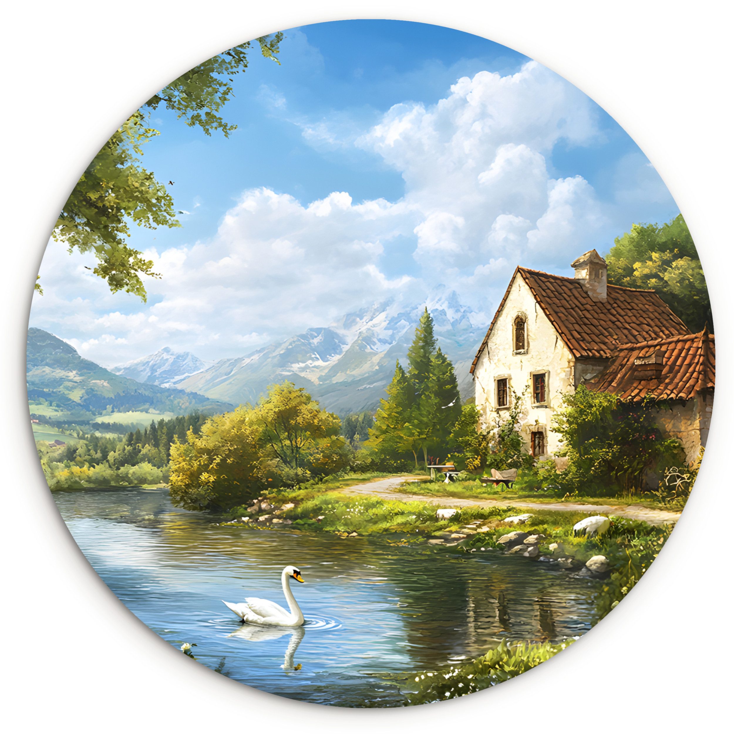 MuchoWow Gemälde Schwan - Bäume - Ruhe, Fotodruck (1 St), Kreis Wanddekoration, Rundes Wandbild, 30x30 cm