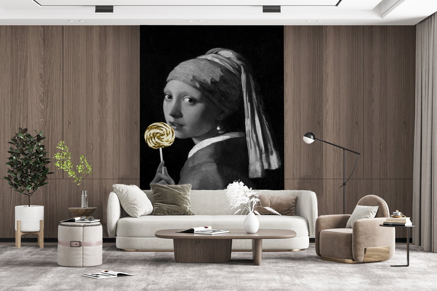Lollipop Matt, MuchoWow einem Johannes für - - Wandtapete bedruckt, St), mit (3 Gold, - Wohnzimmer, Tapete Montagefertig Perlenohrring Mädchen Vermeer Vinyl Fototapete