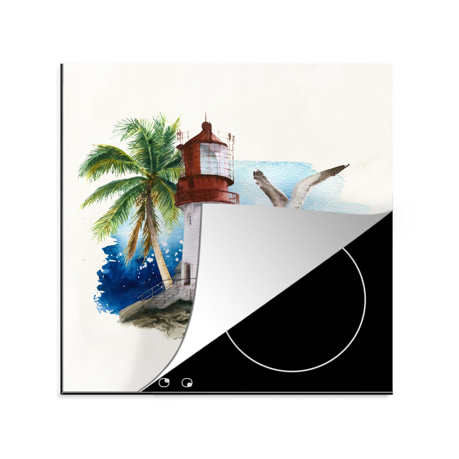 Herdblende-/Abdeckplatte (1 cm, MuchoWow 78x78 Vinyl, tlg), für - Aquarell, Leuchtturm Vogel Ceranfeldabdeckung, - Arbeitsplatte küche