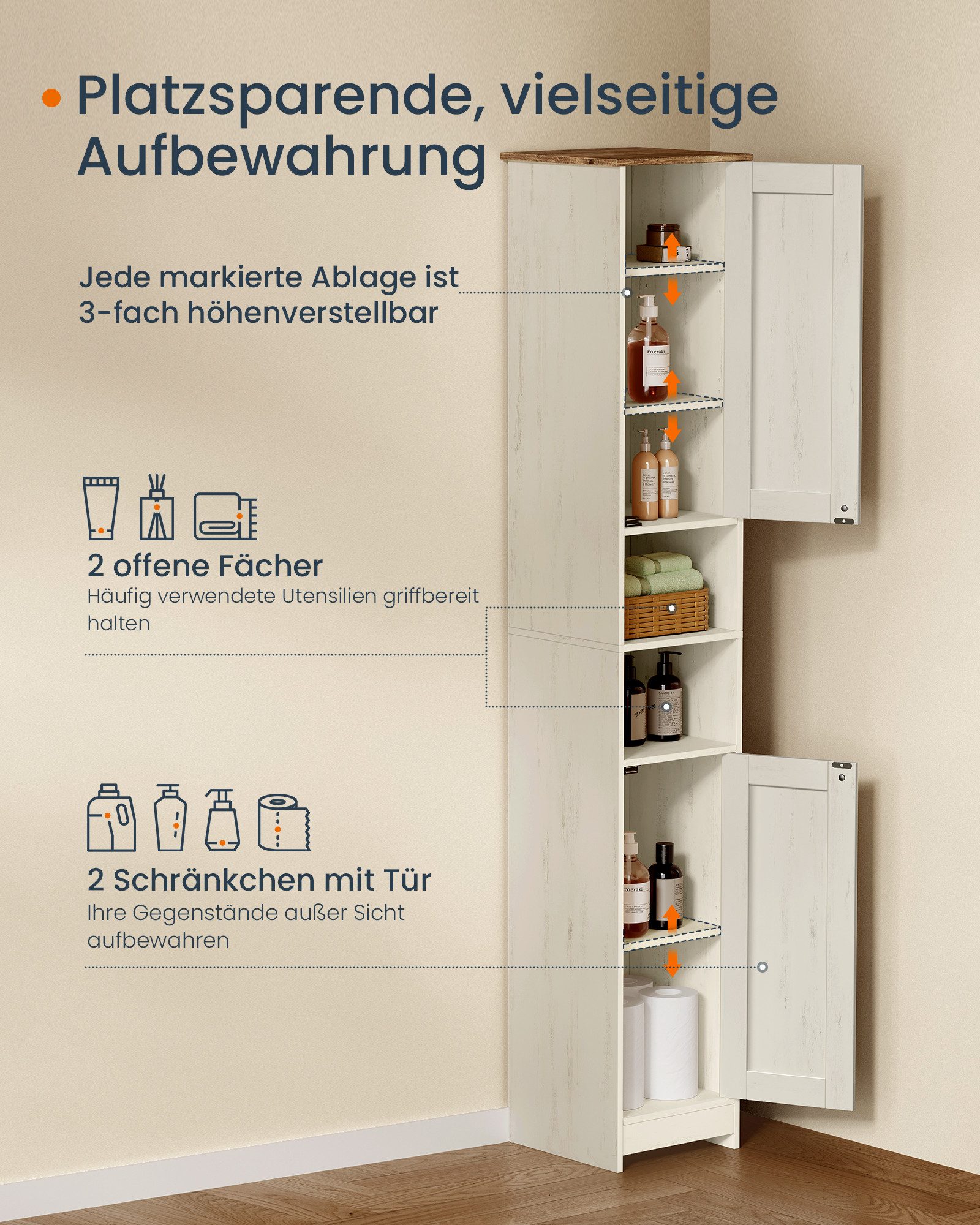 SONGMICS HOME Badkommode Badezimmerschrank Badschrank schmal, verstellbare Ablagen, Toolless-Technologie, superschnelle werkzeuglose Montage – Bild 4 von 5