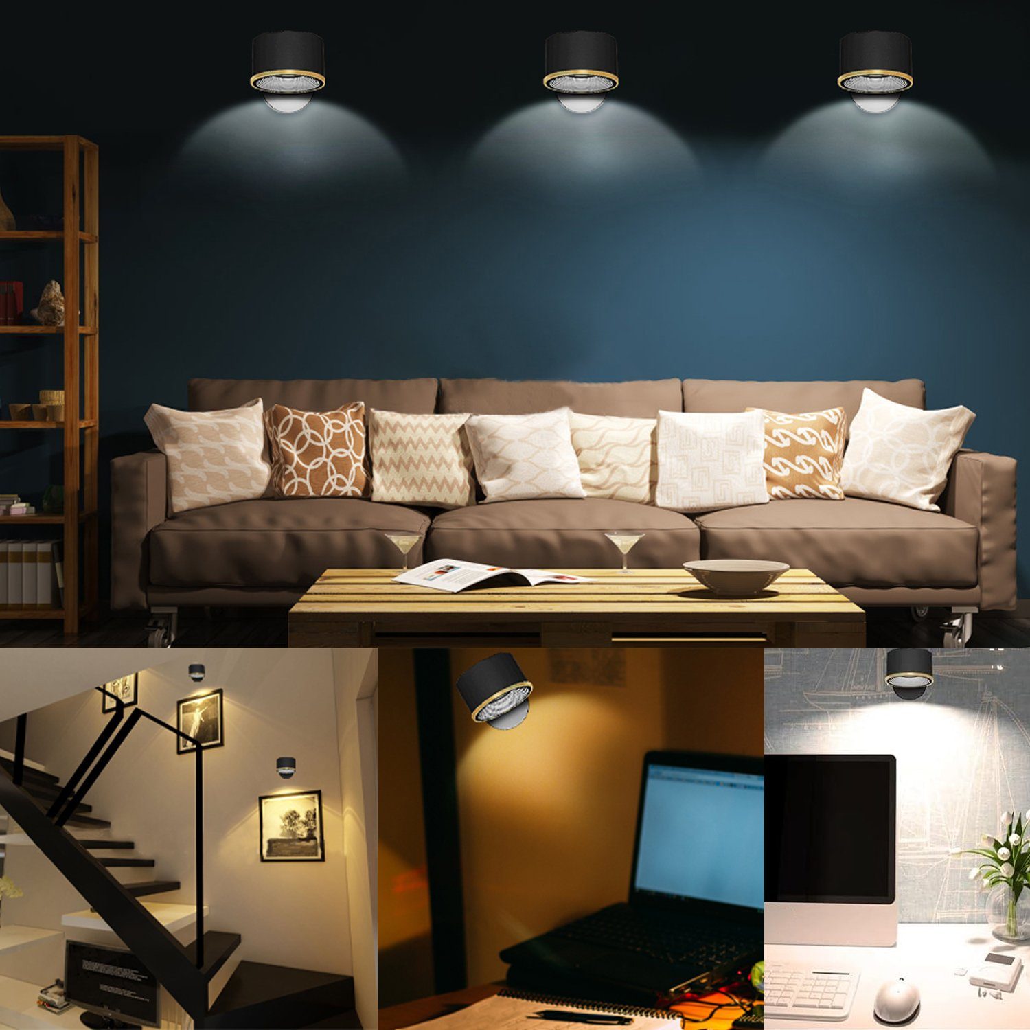 Kabellose Helligkeitsstufen Wohnzimmer LED Fernbedienung Bedee 360° 16 LED mit Flur LED Wandleuchte Wandleuchte integriert, für drehbare Wandlampe Batteriebetrieben Wandlampe, Dimmbar, Innen Schwarz fest 3 Warmweiß, Schlafzimmer Farbmodi