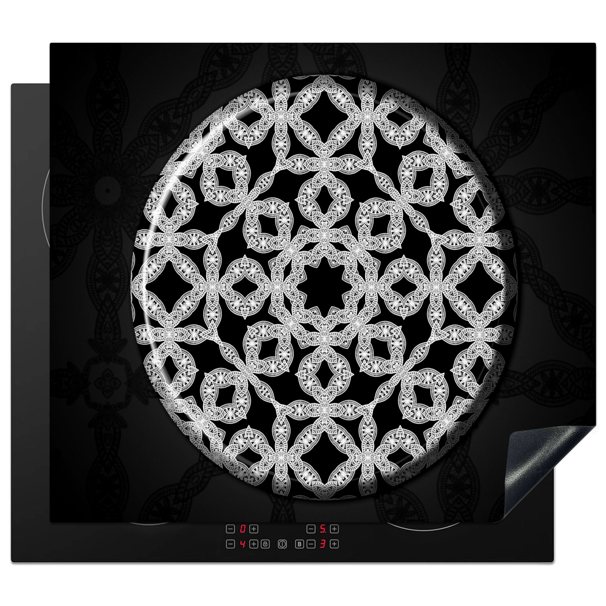 Arbeitsfläche und 60x52 weißes (1 Vinyl, Makramee-Mandala, Herdblende-/Abdeckplatte Ceranfeldabdeckung Schwarzes tlg), nutzbar, cm, Mobile MuchoWow