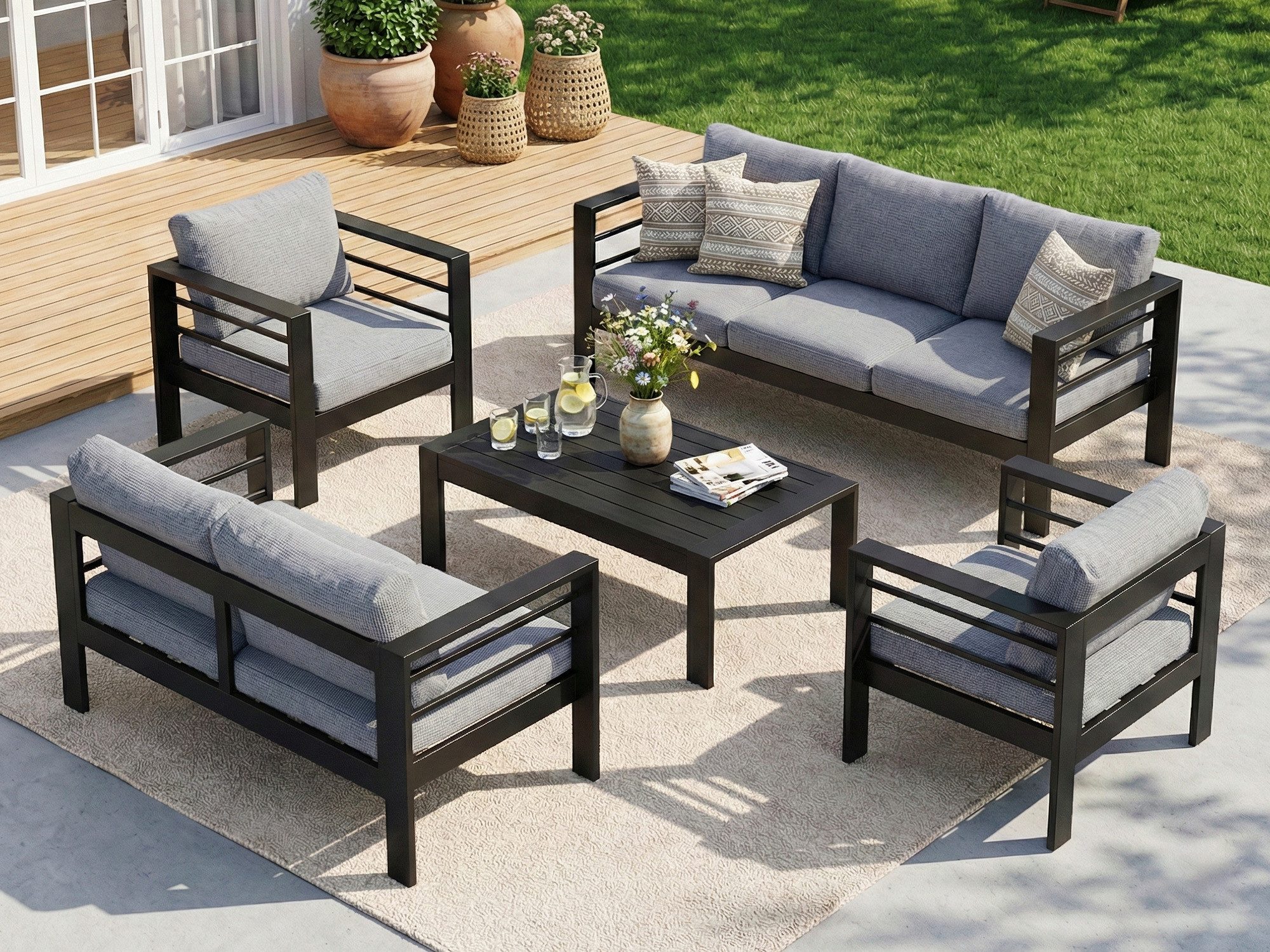 MeXo Gartenlounge-Set Gartenmöbel Set Aluminium 6-7 Personen Outdoor Wetterfest, (12cm Deluxe Relax-Sitzkissen, 5-tlg., Belastbarkeit pro Sitzplatz 140kg), Lounge Gartenmöbelset xxl, Tischplatte aus WPC