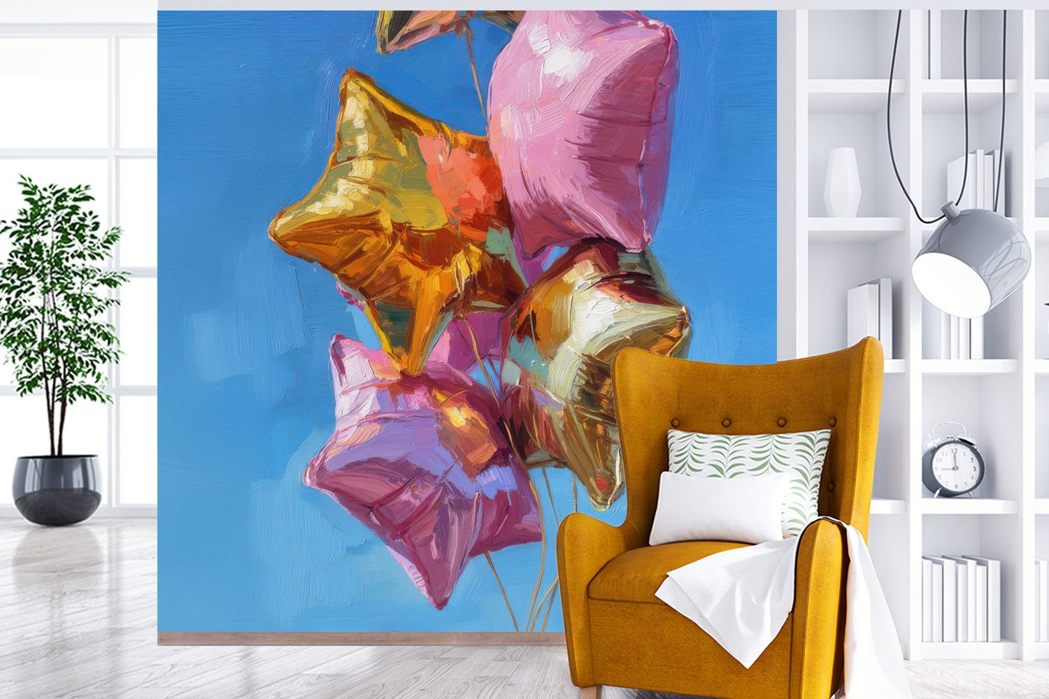 MuchoWow Fototapete Ballons - Gold - Sternförmig - Rosa, Matt, bedruckt, Vliestapete für Wohnzimmer Schlafzimmer Küche, Fototapete, 220x220 cm