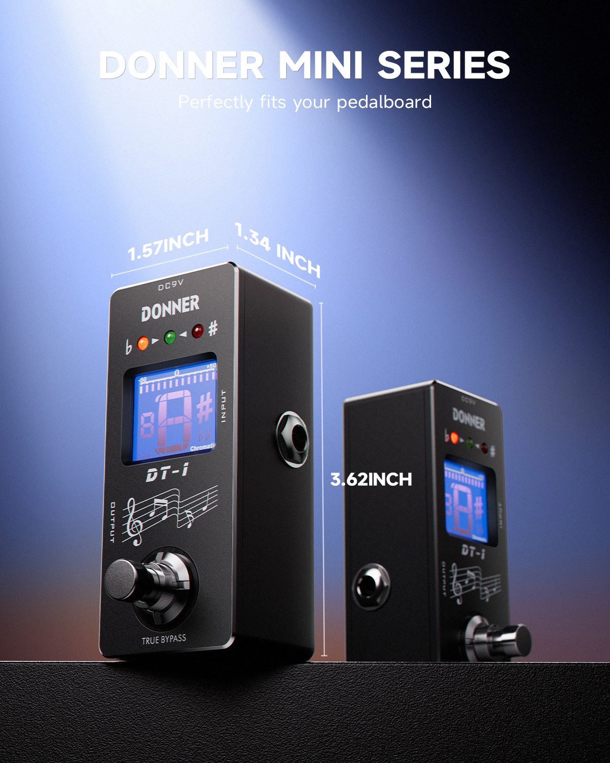 Donner E-Gitarre Tuner-Gitarrenpedal DT-1 Chromatisches Stimmgerät mit Tonhöhenanzeige, mit Tonhöhenanzeige,für E-Gitarre und Bass,Wahrer Bypass