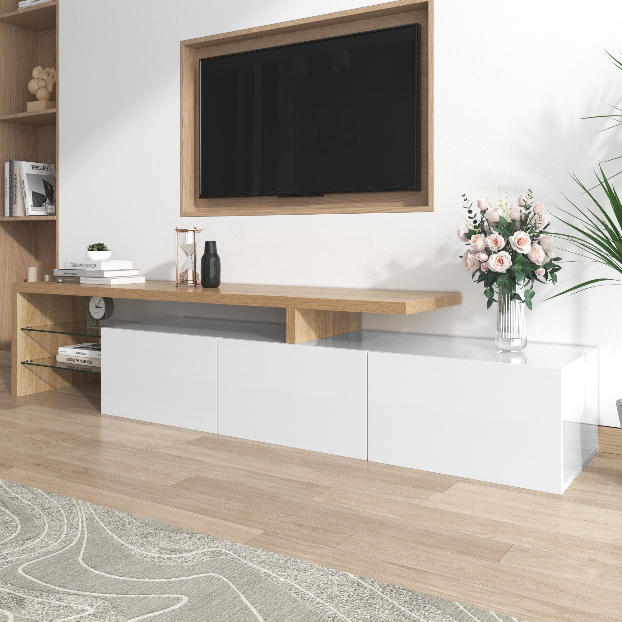 Lowboard und Weiß sideboards TV-Schrank Fernsehschrank Arbeitszimmer) LED-Beleuchtung KLAM | in HOME TV Schlaf- Lowboard wohn-, zu für Weiß mit Zoll Fernseher bis 65 (Unterschrank