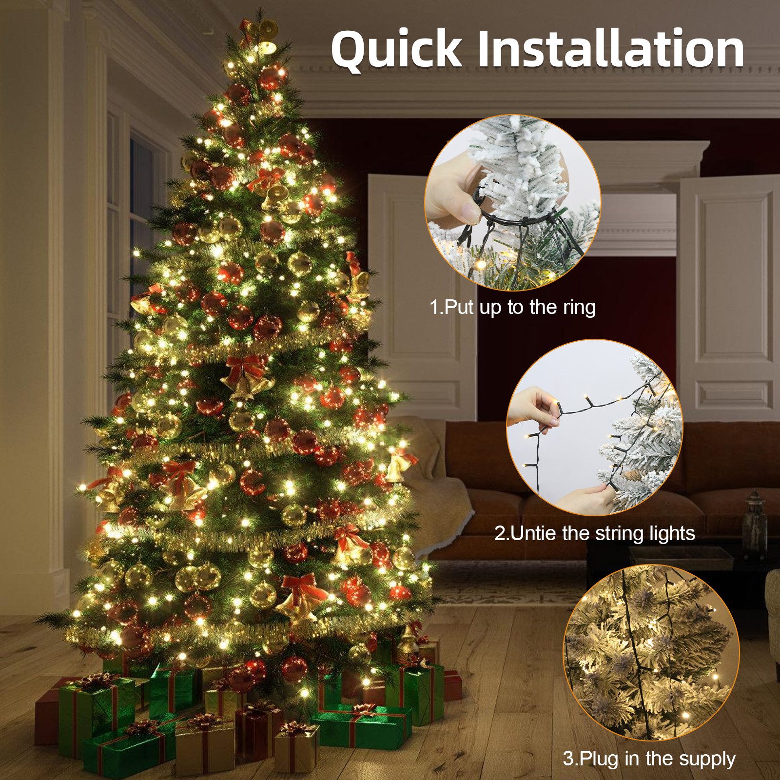 OZAVO LED-Lichterkette led lichterkette weihnachtsbaum mit ring und 8 Girlanden,2M,8 Modi, 280-flammig, LED Weihnachtsbaum-Überwurf-Lichterkette für 150cm-210cm Tannenbaum