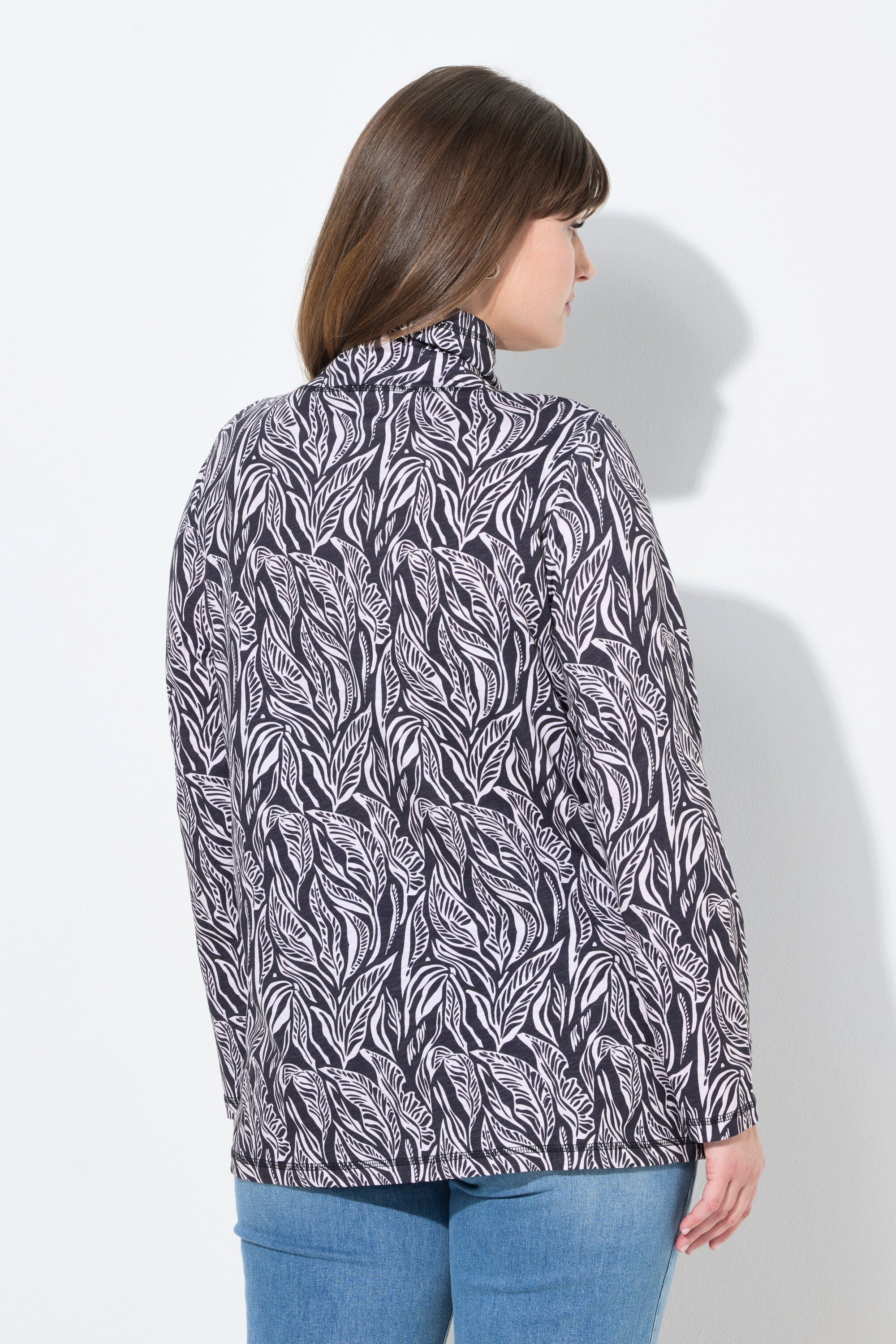 Ulla Popken Longshirt Shirt Blätter Stehkragen Langarm Biobaumwolle