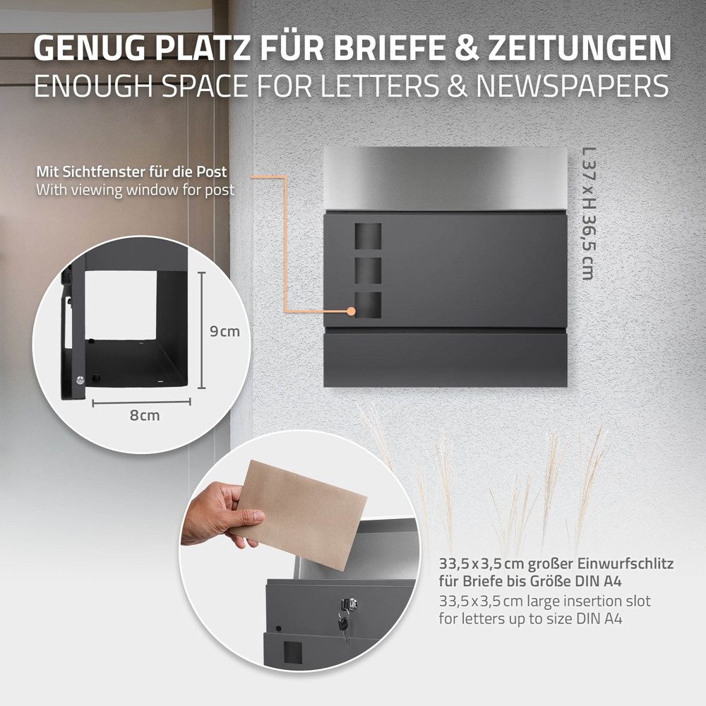 ML-DESIGN Briefkasten Wandbriefkasten Postkasten Design Briefkastenanlage Postbox, Standbriefkasten mit Zeitungsfach inkl. 2 Schlüssel Stahl – Bild 4 von 5