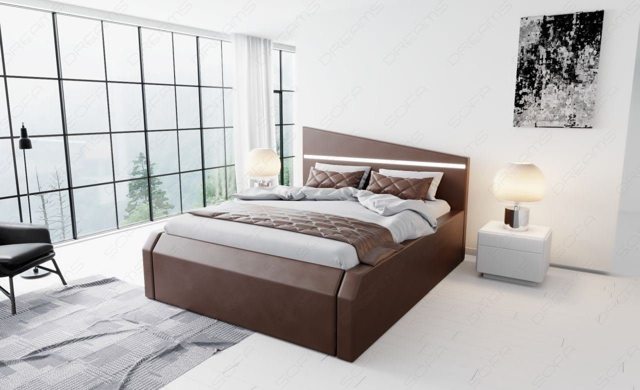 Sofa Dreams Boxspringbett Nelassa Bett Premium Beleuchtung, mit mit Komplettbett Topper, Kunstleder Matratze mit LED dunkelbraun