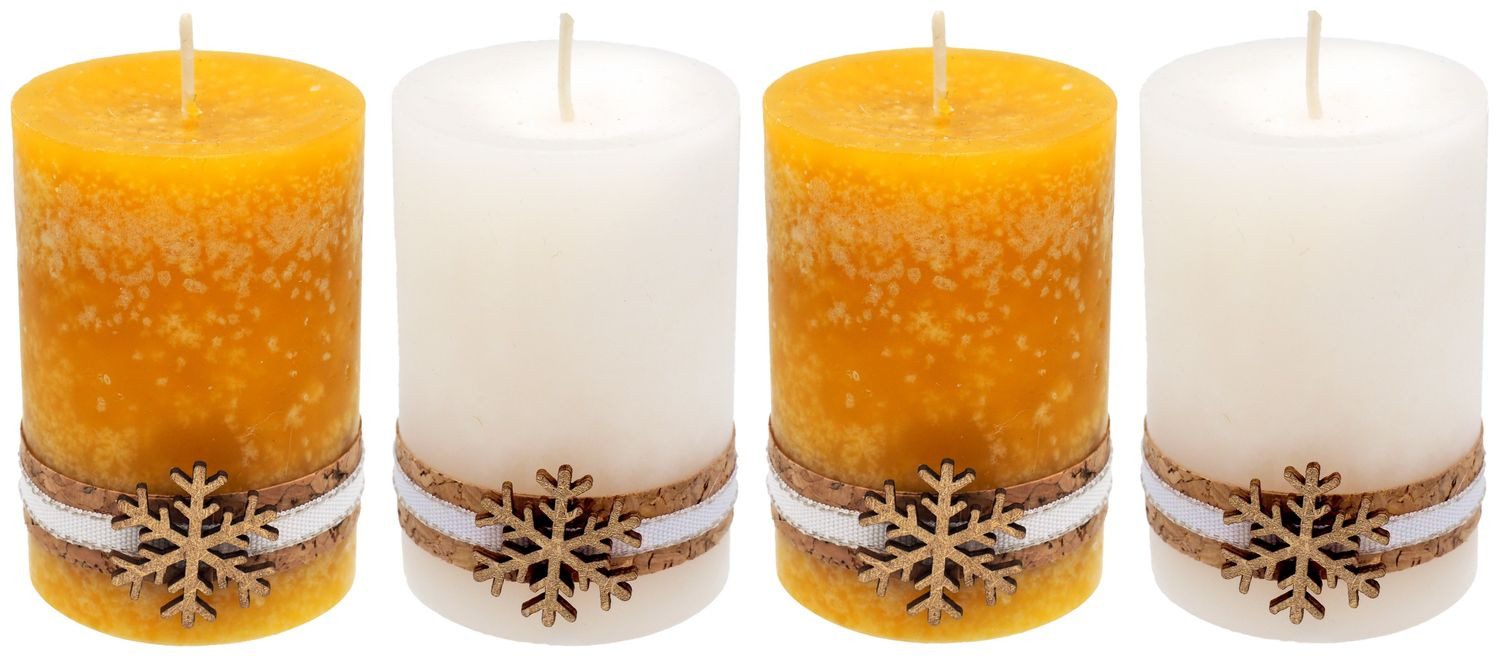 Adventskerze 4 Adventskerzen Kerze Stumpenkerzen Gelb Weiß Schneeflocke Holz Advent