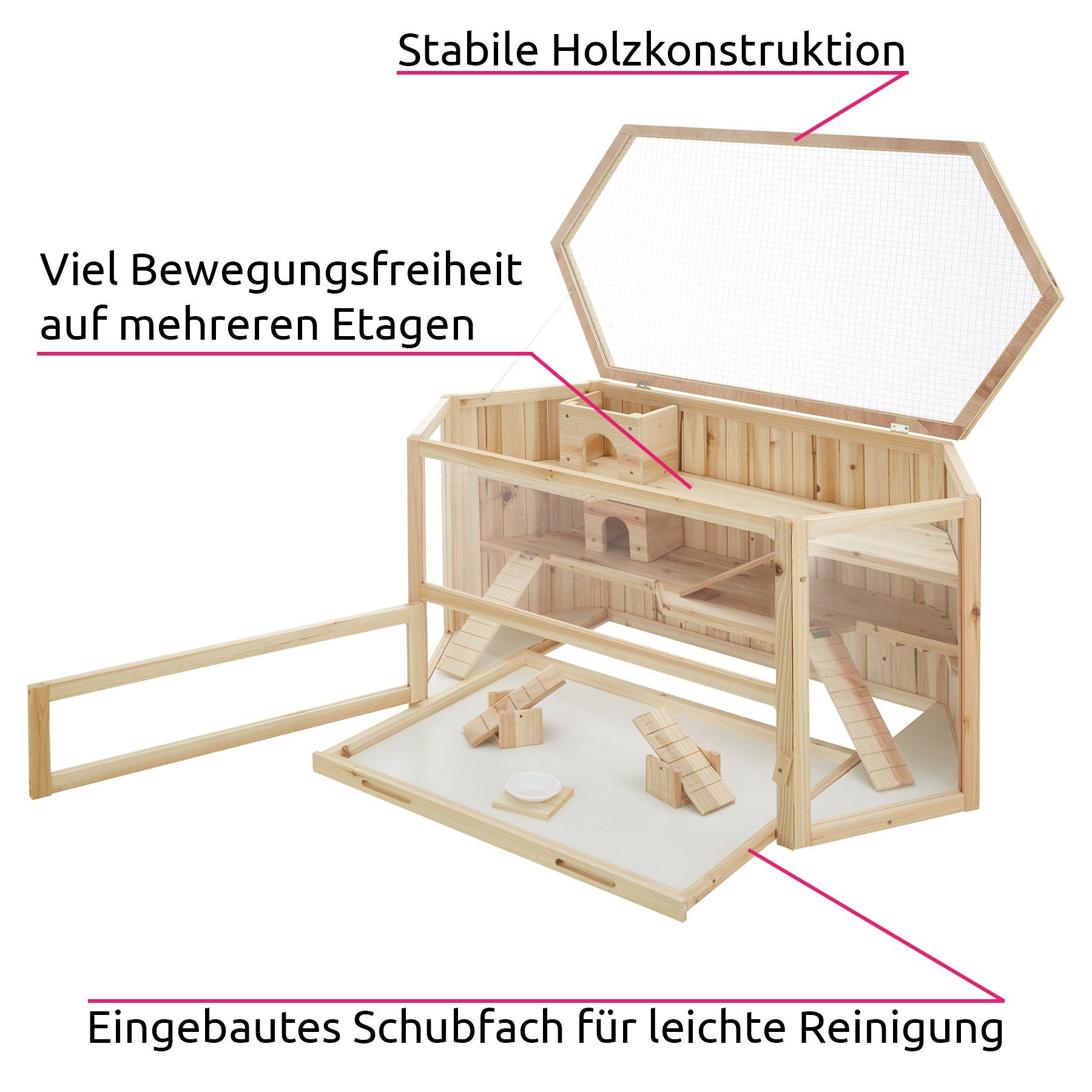 tectake Kleintierkäfig Nagerkäfig, 115 x 60 x 58 cm, aus Holz, aufklappbares Dachgitter, Große Plexiglasscheiben, eingebautes Schubfach, Wippen & Futterschale