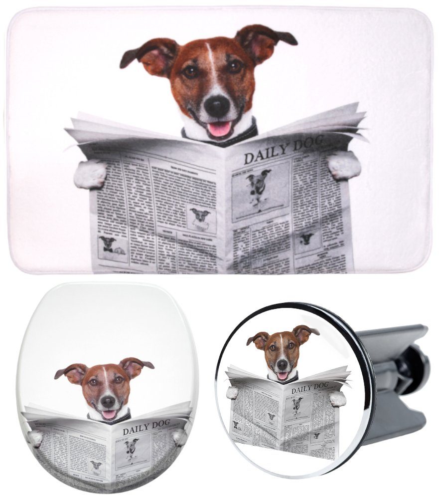 Sanilo Badaccessoire-Set 3-teilig Newspaper, WC-Sitz mit Absenkautomatik, Badteppich 70 x 110 cm, Waschbeckenstöpsel, 3 tlg., hochwertig & modern, universell, leichte Montage
