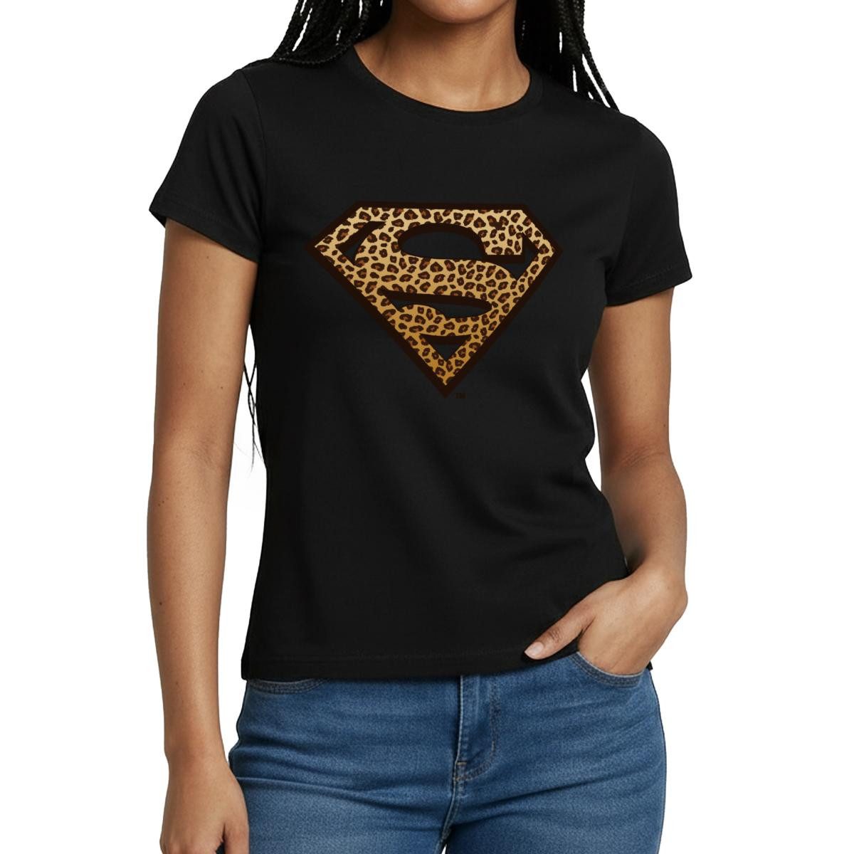 Spreadshirt T-Shirt Superman Leoprint Logo Frauen T-Shirt (1-tlg) Slim Fit, fällt klein aus