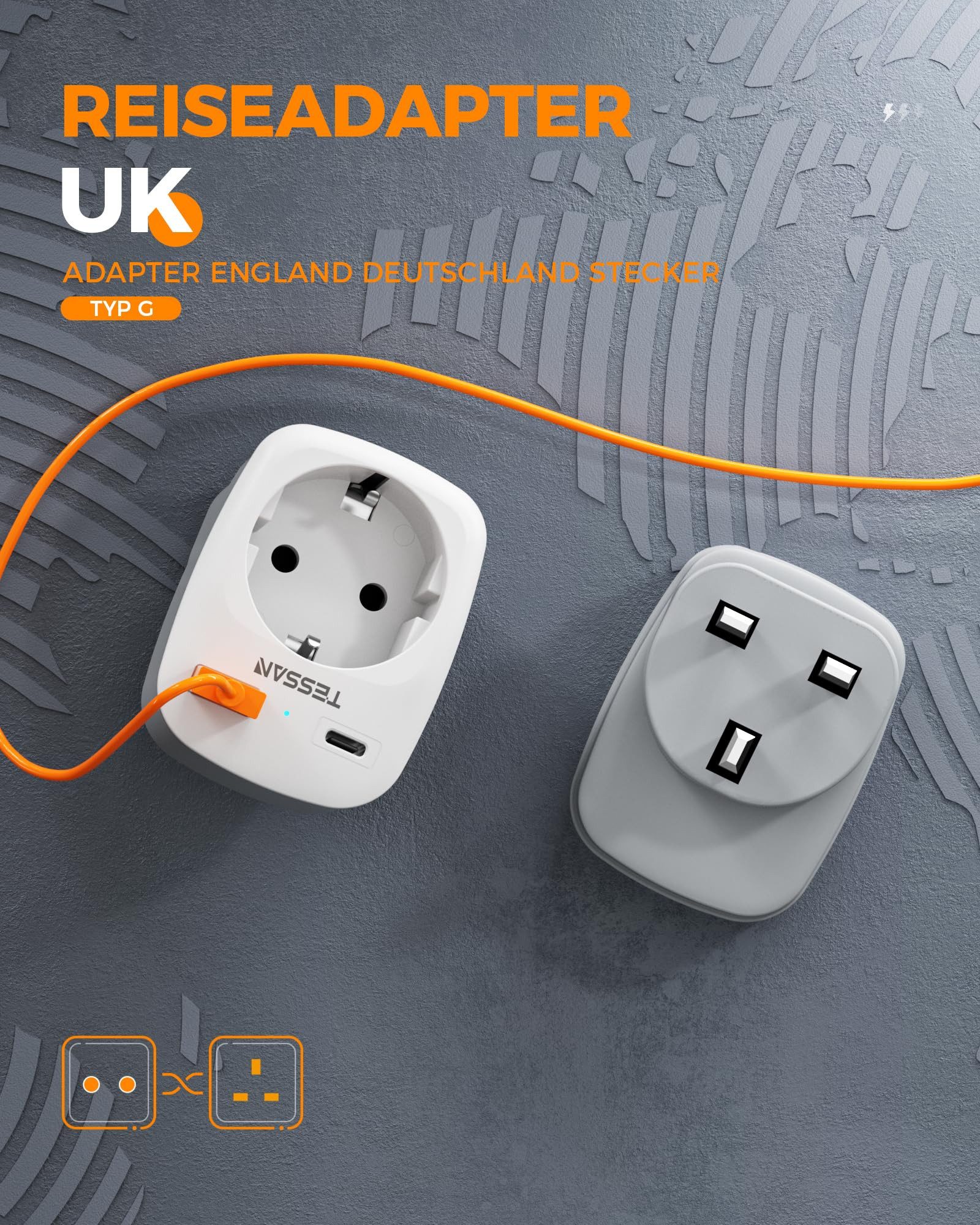 TESSAN 2 Stück klappbarer 3-in-1 Reiseadapter für UK-Stecker in EU-Steckdosen Reiseadapter AC Buchse, USB A, USB C, Typ G Buchse zu UK Plug (Typ G), 3250W UK Adapter mit USB C und USB A, Stromadapter für Irland Dubai
