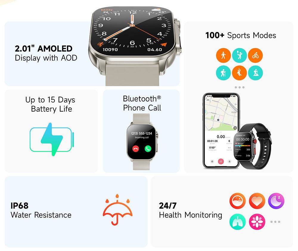 imiki Frame 2 Kooperationsfall mit Benetton Smartwatch, 100+ Sportmodi, 24/7 Gesundheitsüberwachung, Schlafüberwachung