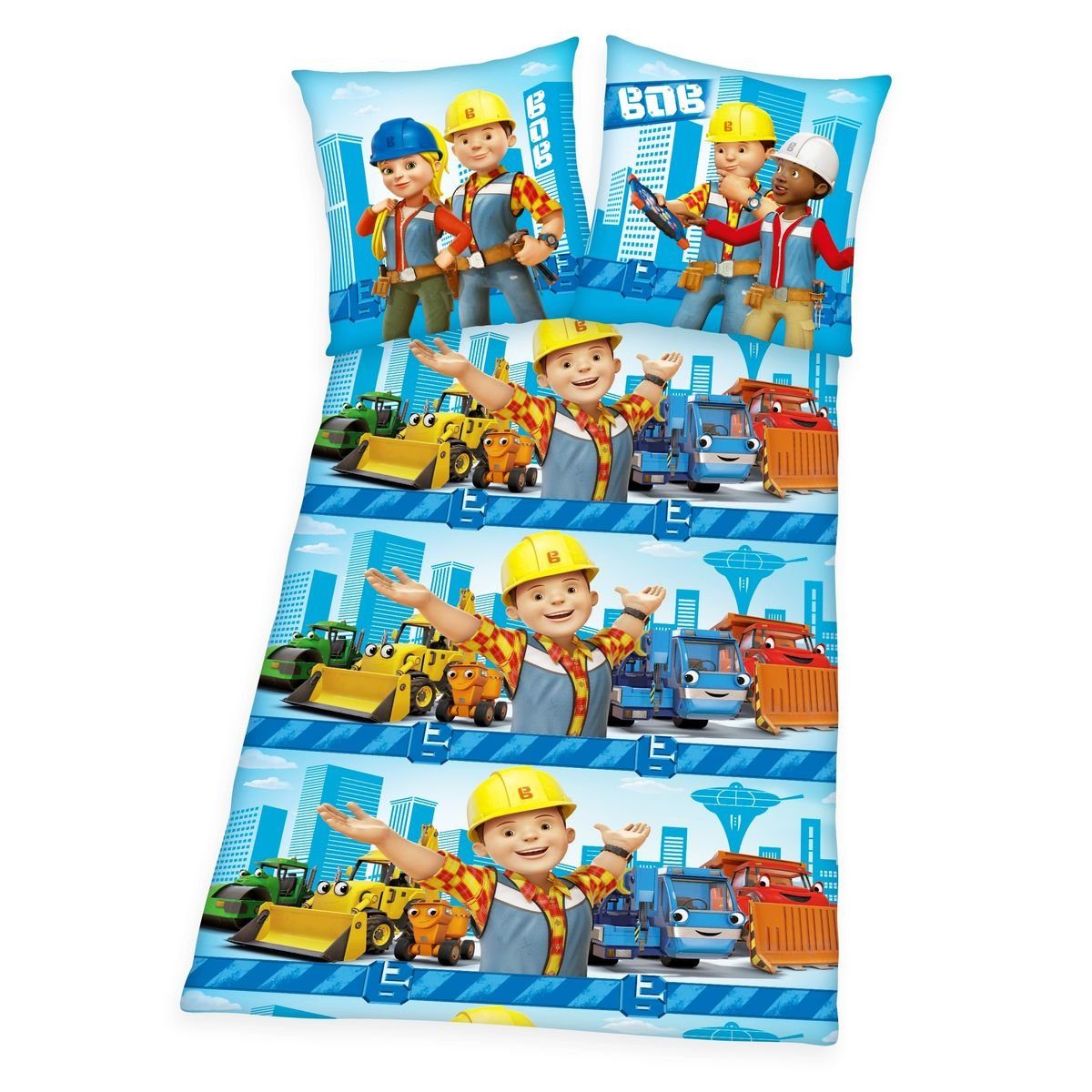 Herding Kinderbettwäsche Herding Biber Flanell Bettwäsche 2 tlg. 135x200cm Bob der Baumeister, Flanell, 2 teilig, warme Kinderbettwäsche für schöne Kinderträume, Bob auf der Baustelle