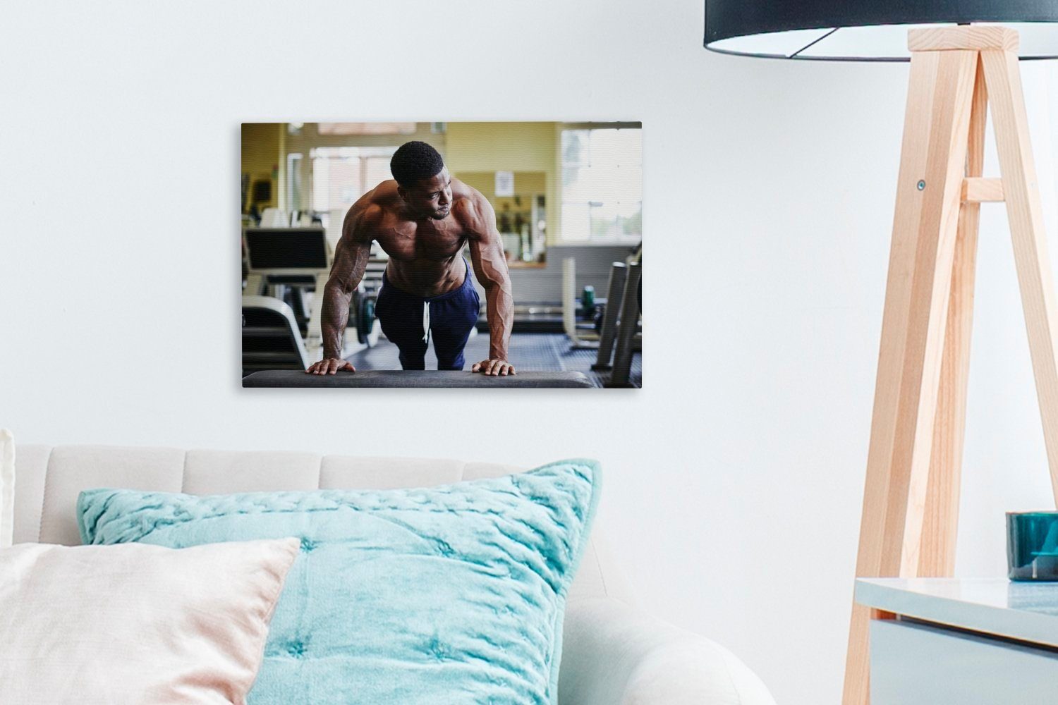 OneMillionCanvasses® Leinwandbild Ein Bodybuilder beim Aufhängefertig, 30x20 Training cm Wandbild Wanddeko, Fitnessstudio, (1 St), im Leinwandbilder