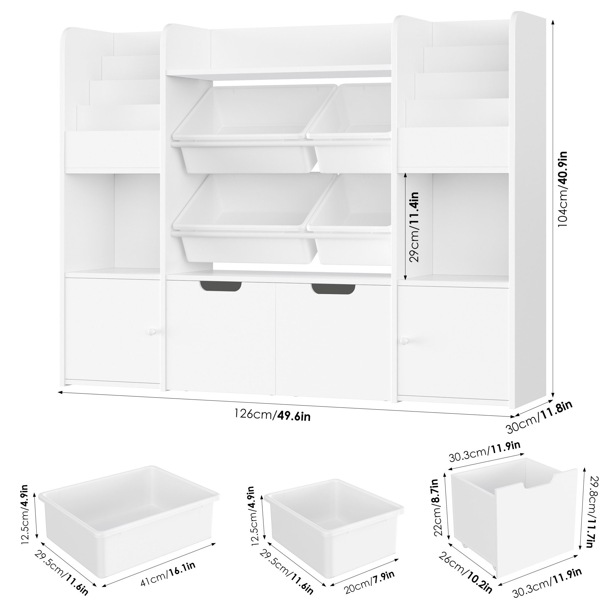 Homfa Spielzeugtruhe Kinderregal mit 2 Schubladen auf Rollen & 4 Boxen Bücherregal, Kinderbücherregal Spiegelregal mit Tür 122x100x30 cm weiß