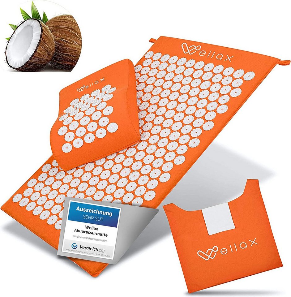 Wellax Akupressurmatte mit Kissen - Gefüllt mit 100% Kokosfaser (Mit Matte, Kissen und Tragetasche), - ideale Hautverträglichkeit, nachhaltig produziert - Orange