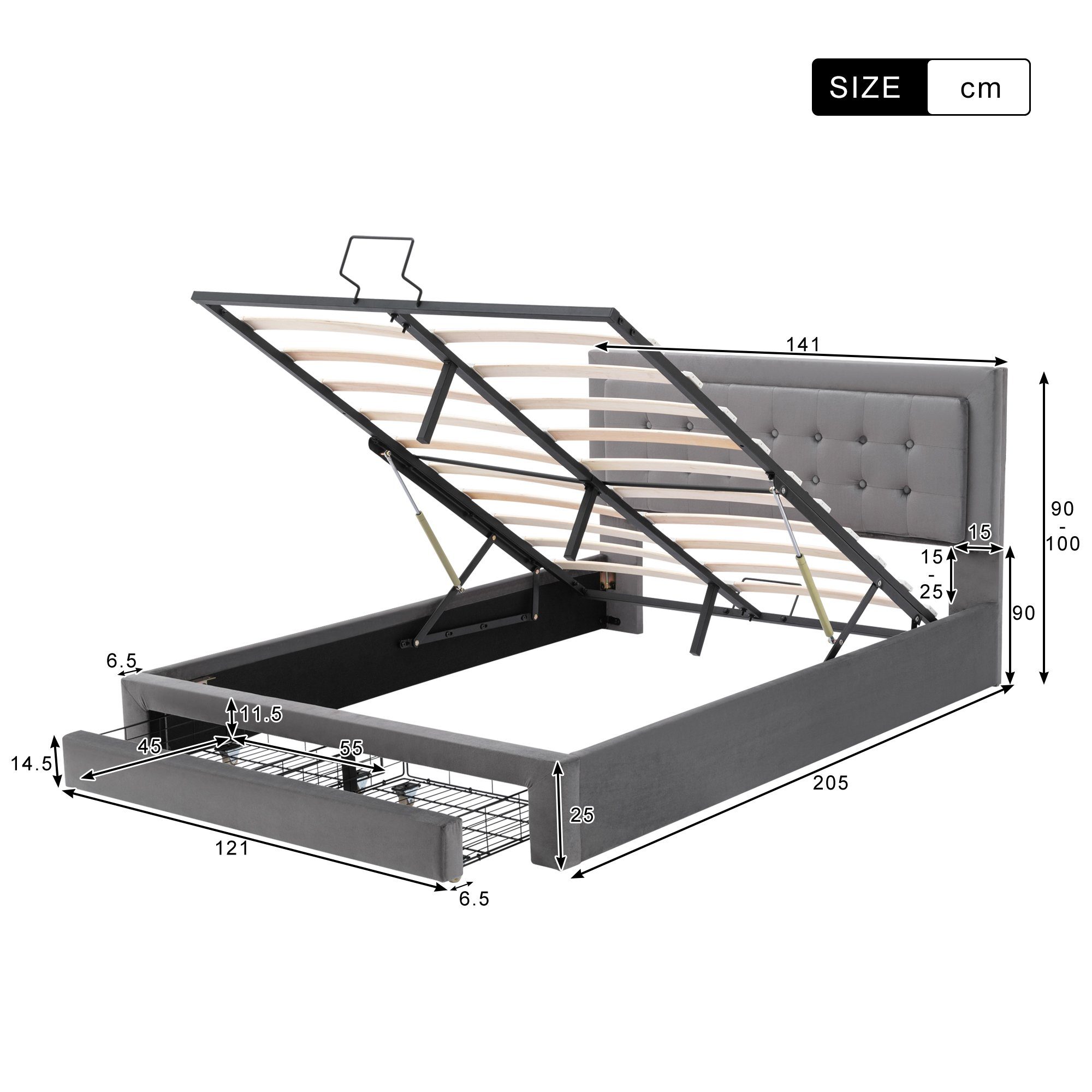 Polsterbett (Stauraumbett mit verstellbarem Kopfteil, mit Bettkasten, Lattenrost und Schublade), Hydraulisches Funktionsbett Doppelbett 140x200cm, Bezug aus samt