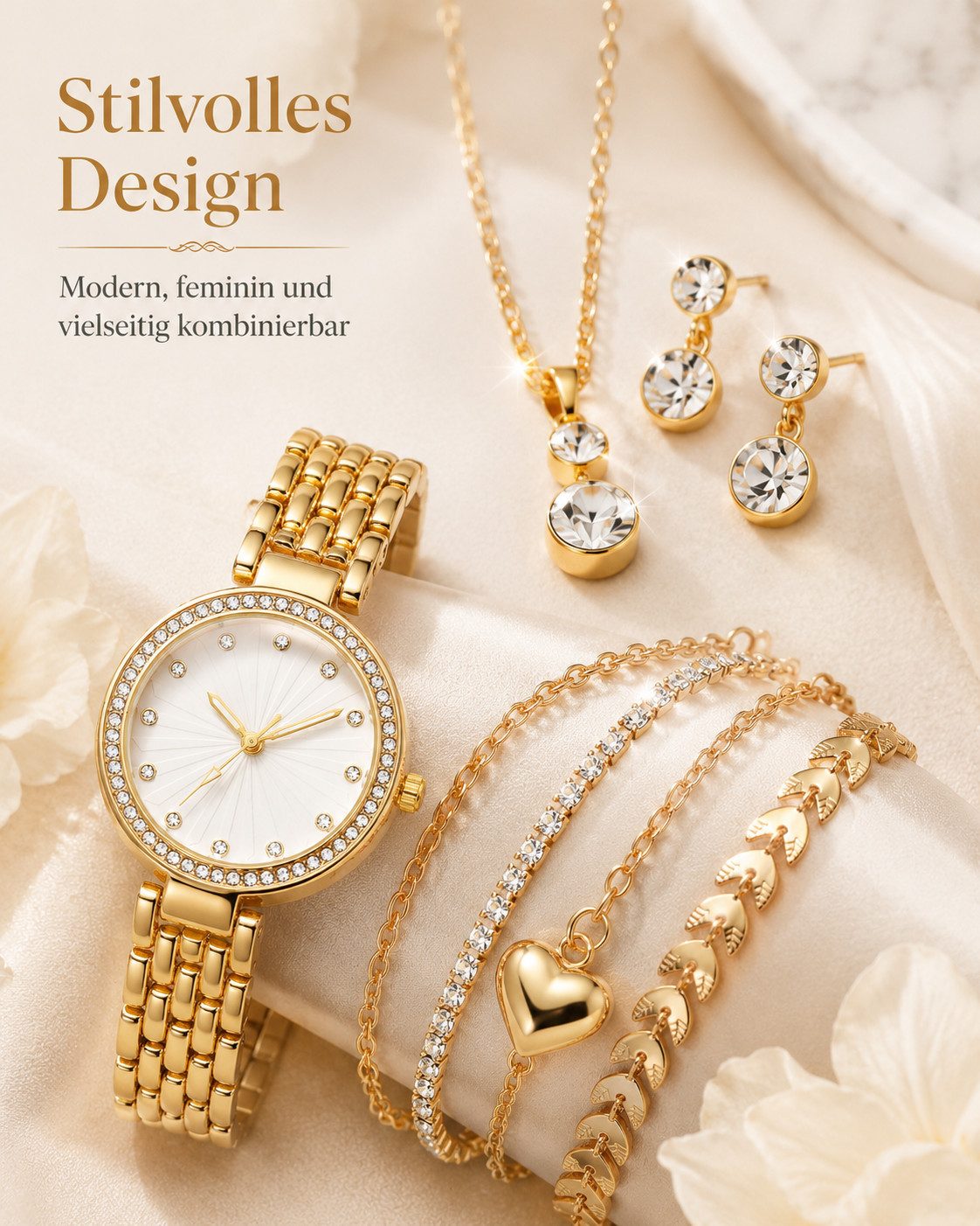Fyrove Quarzuhr Damen Schmuck-Uhrenset Elegante Geschenkbox – Geschenk für Frauen, (mit Quarzuhr, Halskette, Ohrringen und 3 Armbändern inkl, 7-tlg., Valentinst – Bild 4 von 5