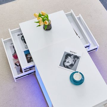 CLIPOP Couchtisch Ausziehbarer Kaffeetable mit LED, Rechteckiger Holz-Mitteltisch mit 4 offenen Regalböden