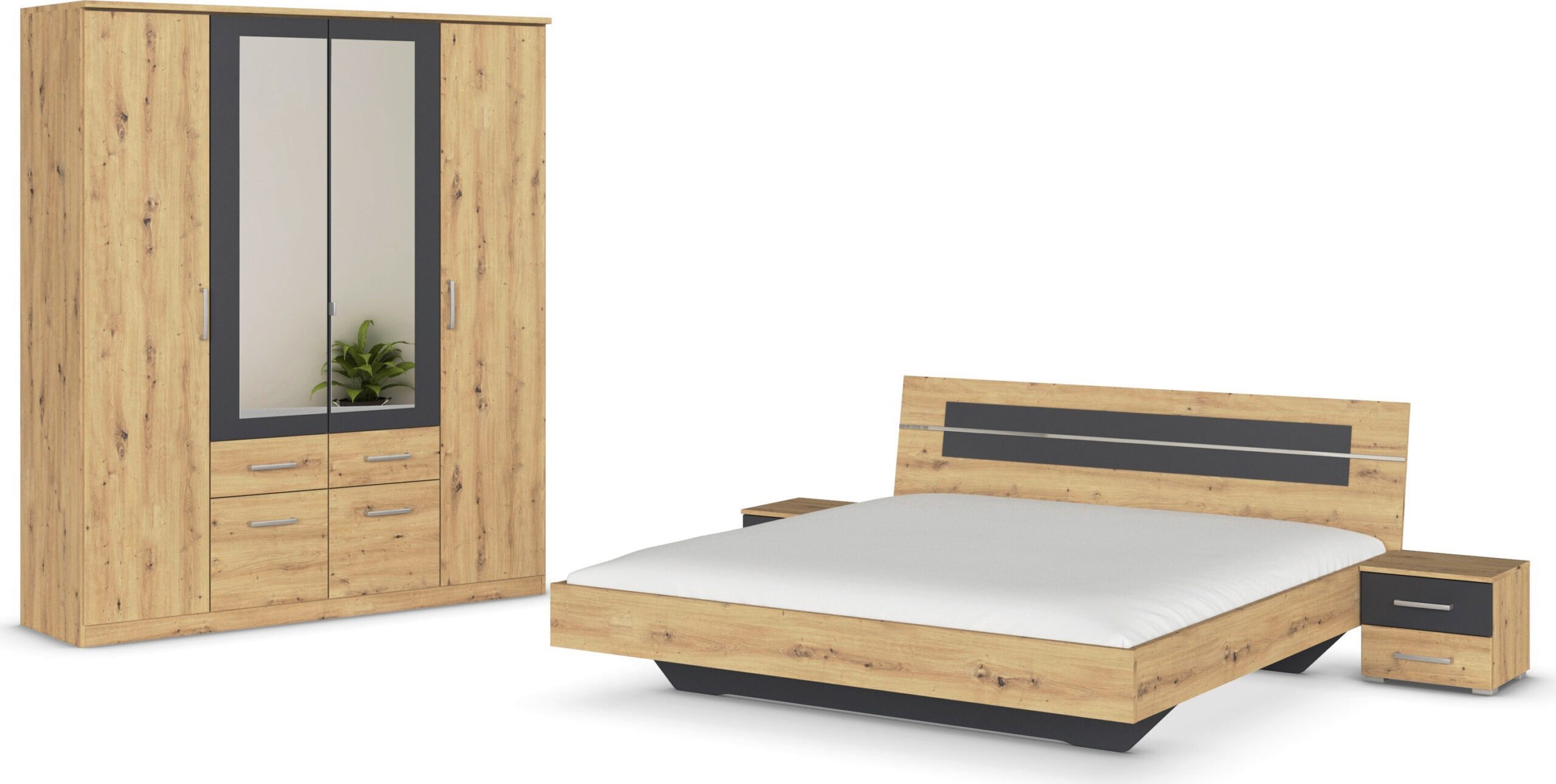 möbel-direkt.de Komplettschlafzimmer Burano in Eiche und Grau, (Komplett-Set, 4-tlg., mit verschiedenen Schrankvarianten wählbar), Made in Germany, mit Spiegeltüren