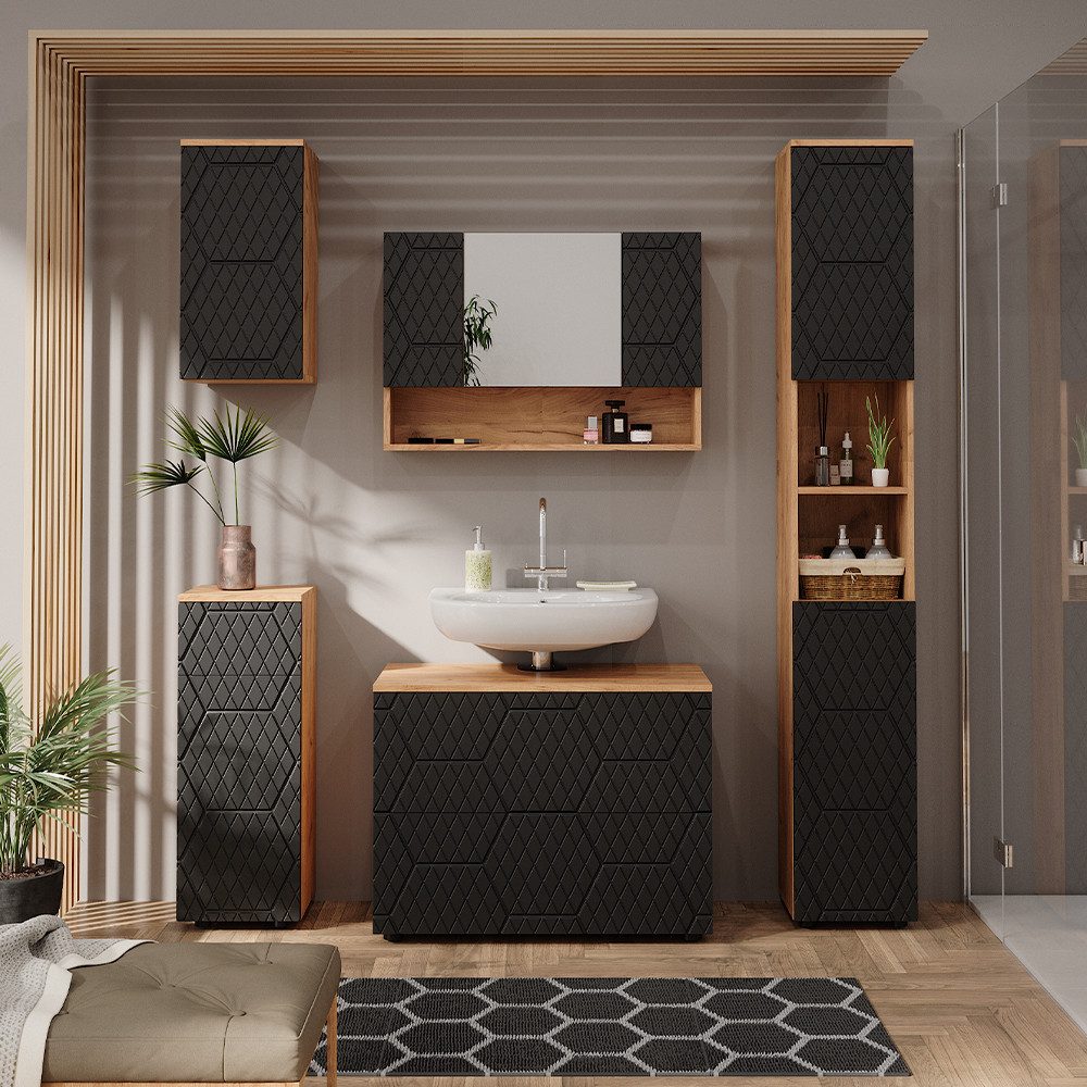 Vicco Badmöbel-Set Irma, Anthrazit mit Wabenstruktur/Goldkraft Eiche, 5 Teile, (5-St., 5er Set)