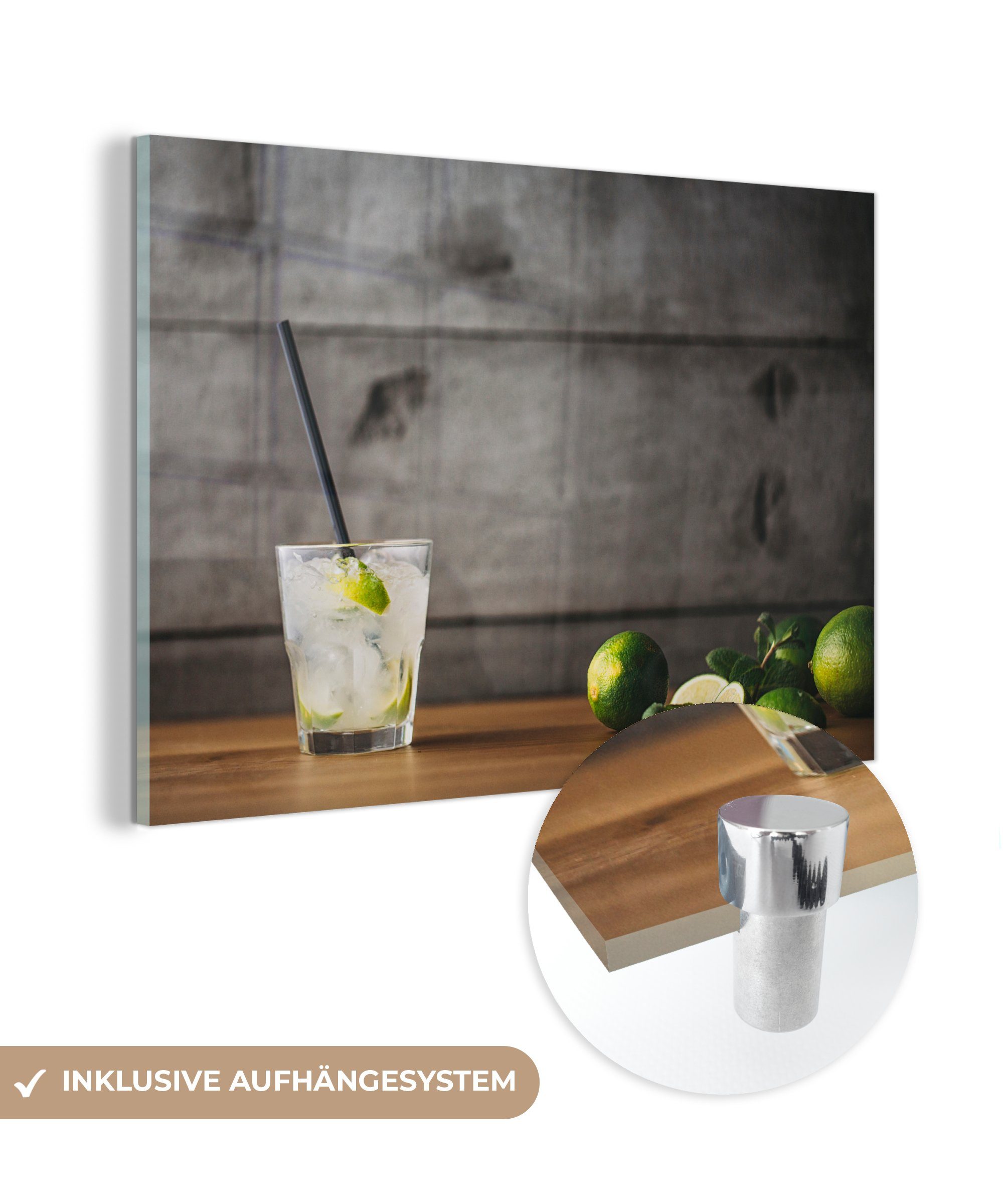 MuchoWow Acrylglasbild Mojito-Cocktail mit Limette und Minze auf einem hölzernen Hintergrund, (1 St), Acrylglasbilder Wohnzimmer & Schlafzimmer