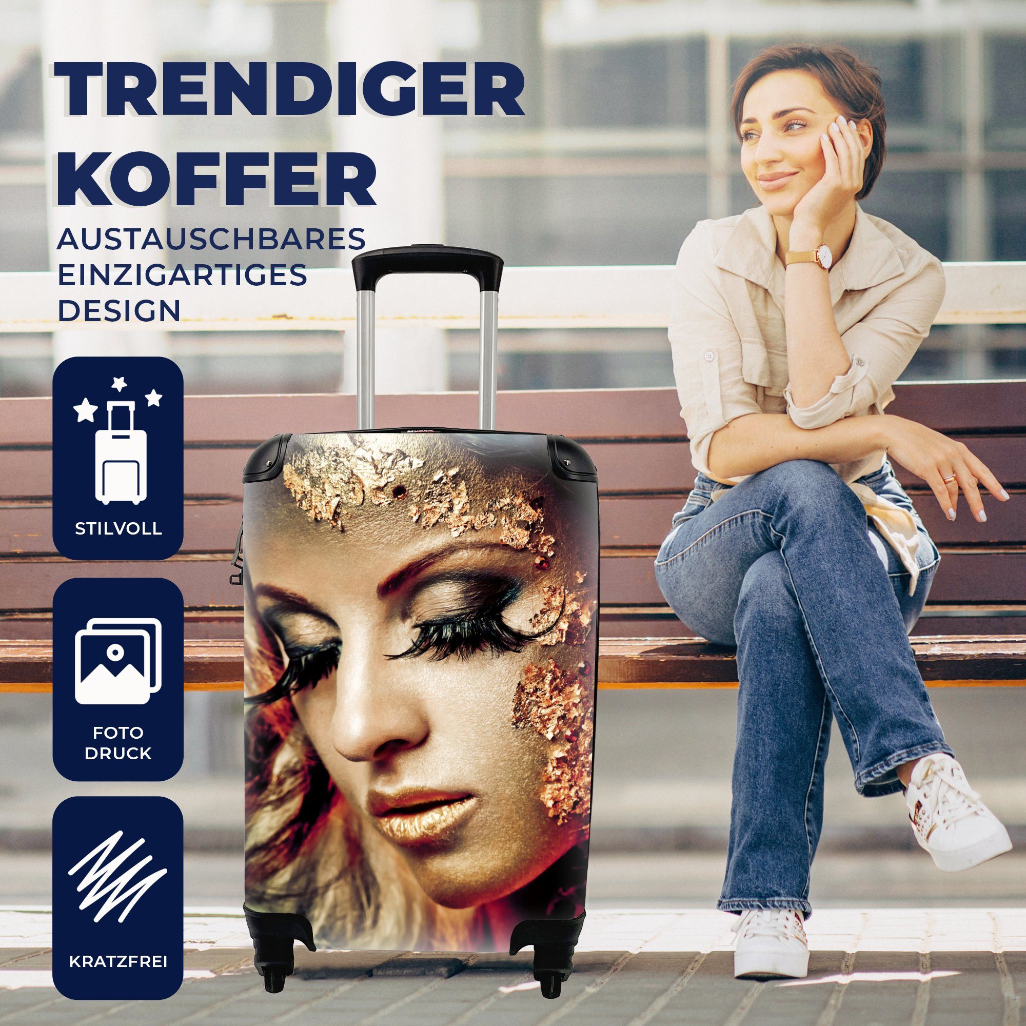 MuchoWow Handgepäckkoffer - Gold, - Frau mit rollen, Reisekoffer Trolley, Ferien, für Reisetasche 4 Handgepäck Rollen, Blattgold