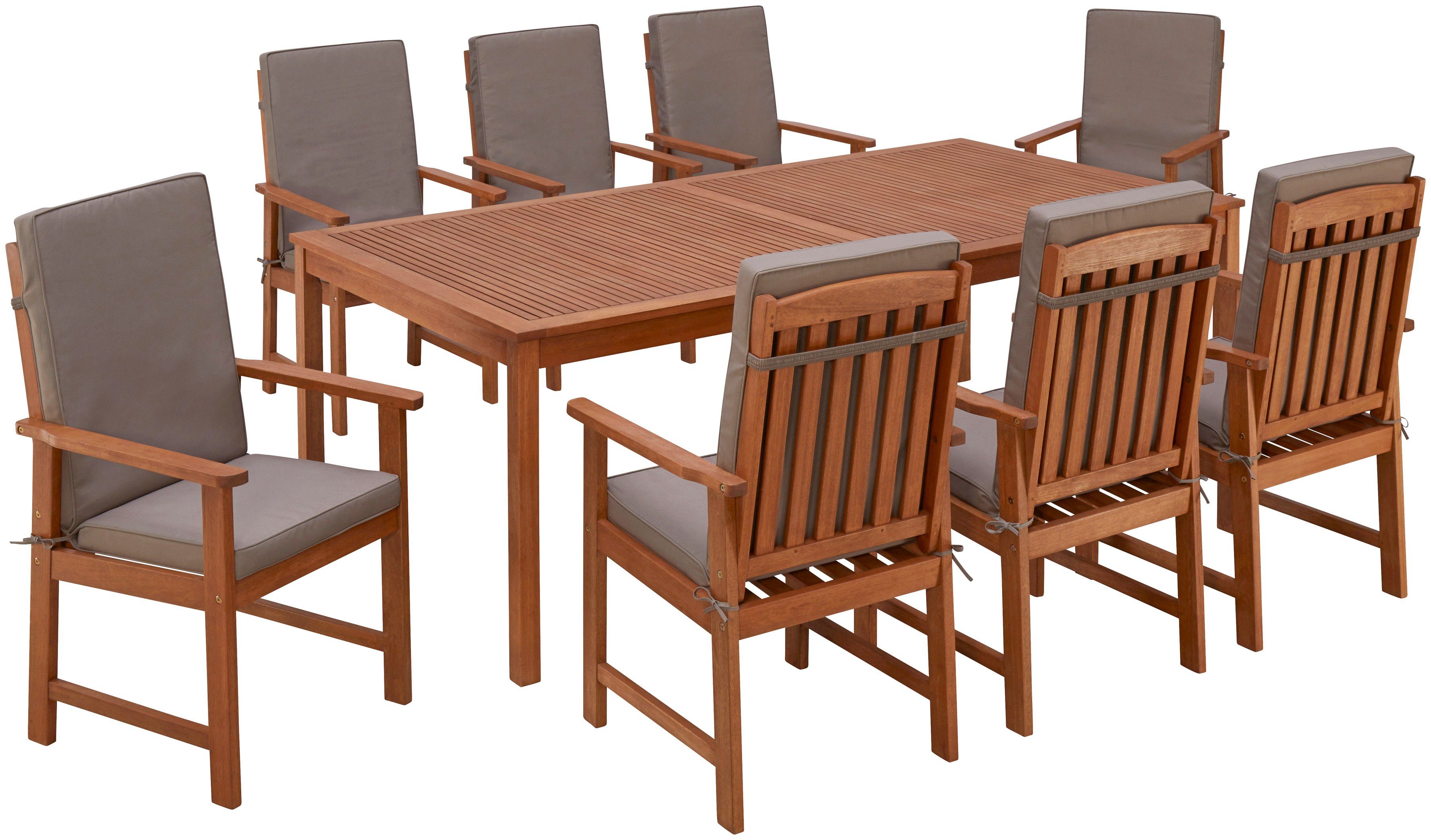 MERXX Garten-Essgruppe Montana, (17-tlg., 8x Sessel, inkl. Auflagen, 1x Tisch 220x110 cm), Eukalyptusholz, FSC® Mix